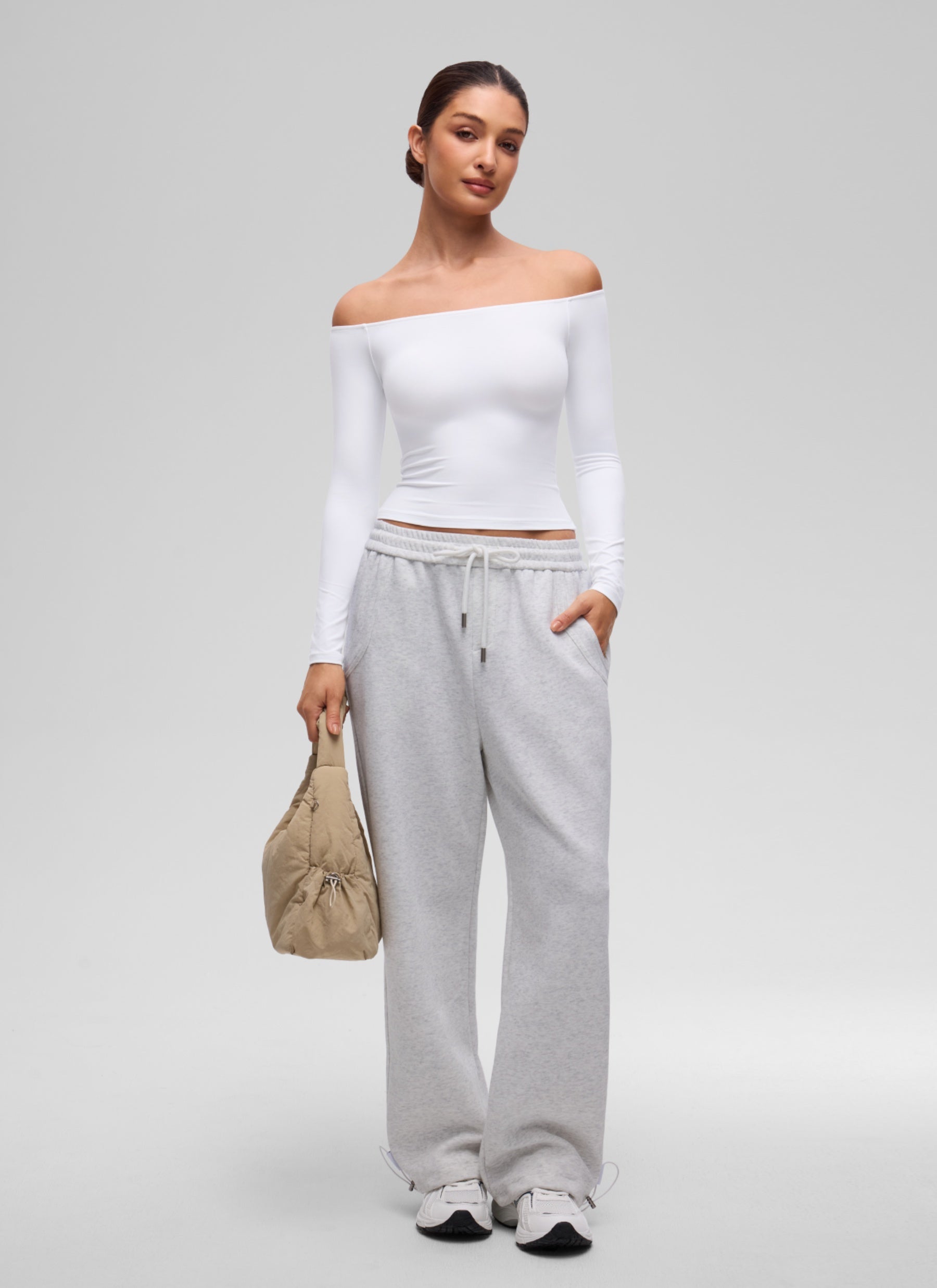 CRZ YOGA Women's Casual Softembrace Off Shoulder Tight Fit Long Sleeve White @model_info:I