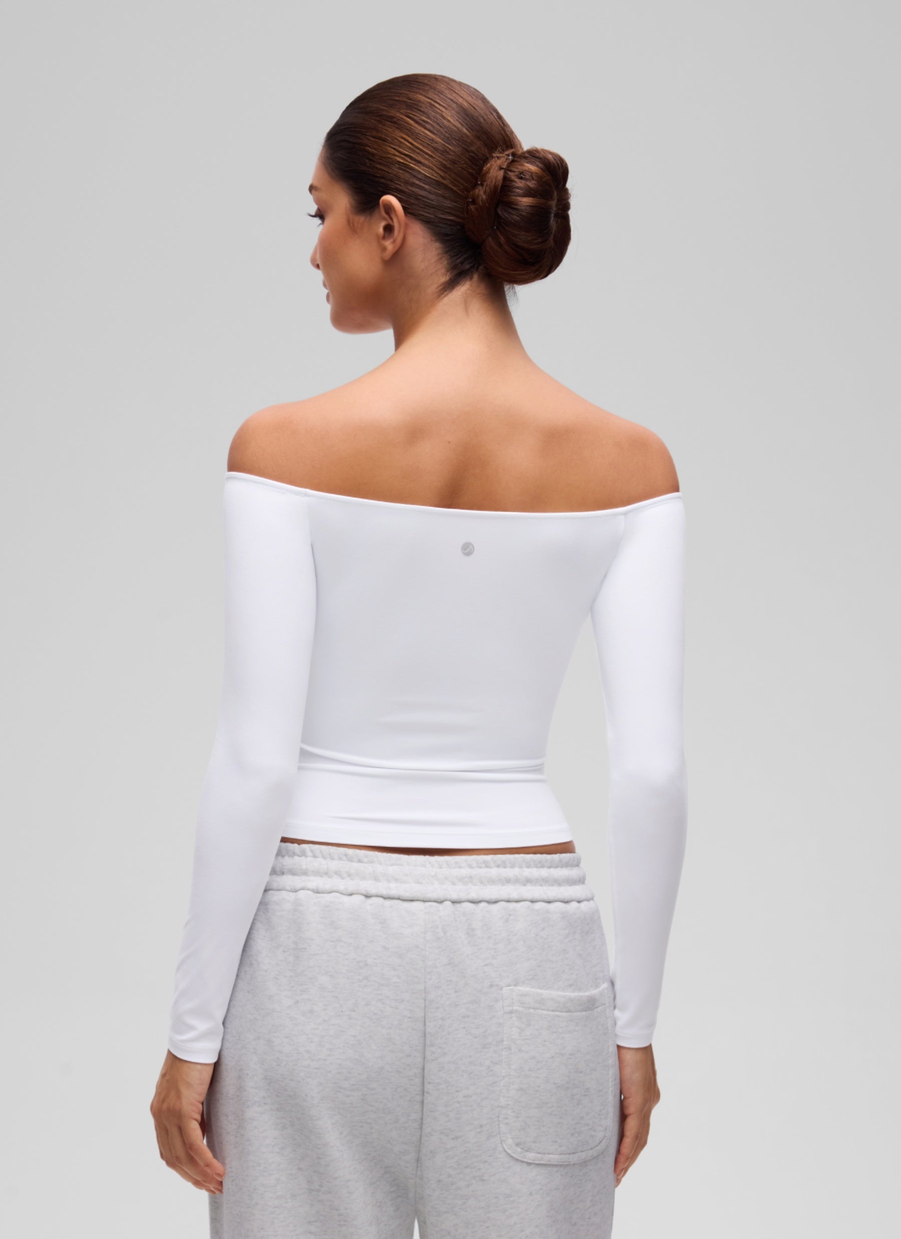 CRZ YOGA Women's Casual Softembrace Off Shoulder Tight Fit Long Sleeve White @model_info:I