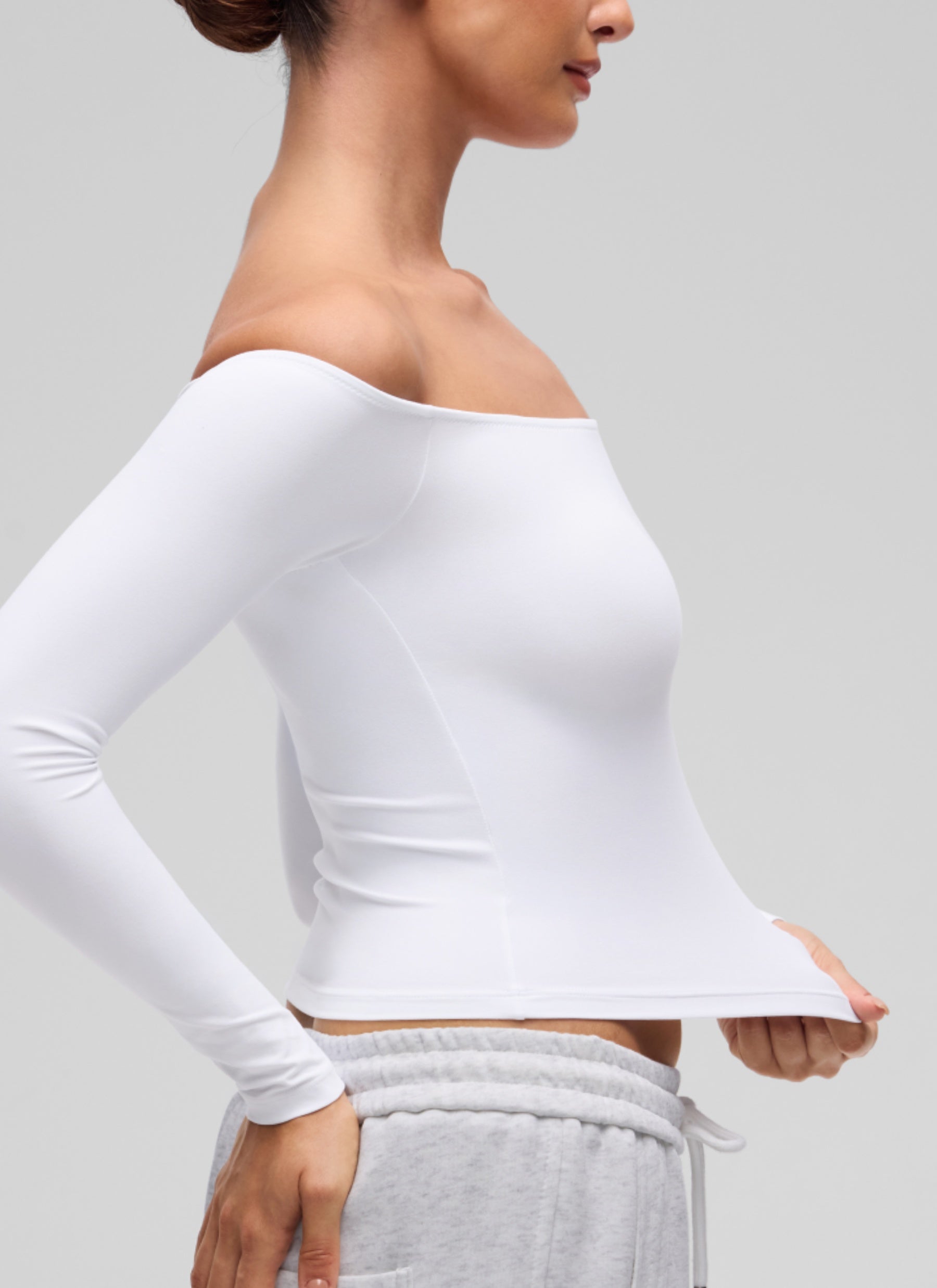 CRZ YOGA Women's Casual Softembrace Off Shoulder Tight Fit Long Sleeve White @model_info:I
