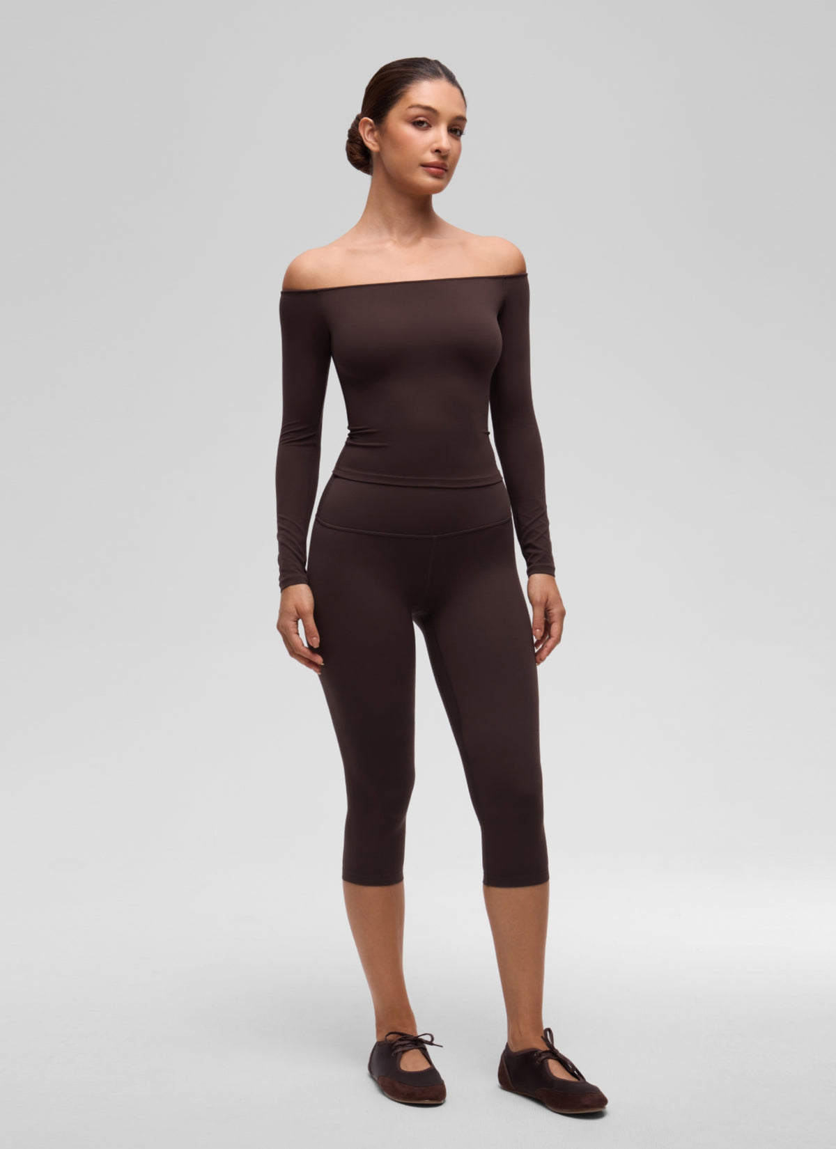 CRZ YOGA Women's Casual Softembrace Off Shoulder Tight Fit Long Sleeve Hot Fudge Brown @model_info:I