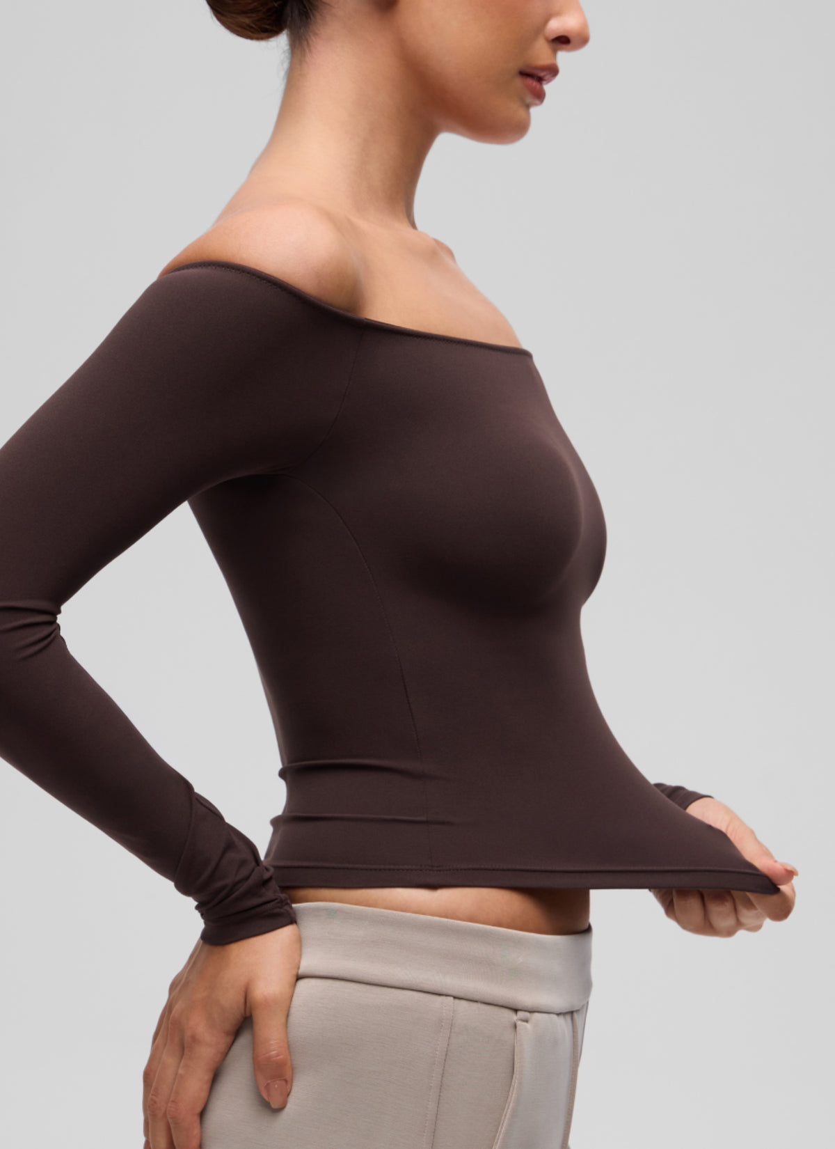 CRZ YOGA Women's Casual Softembrace Off Shoulder Tight Fit Long Sleeve Hot Fudge Brown @model_info:I