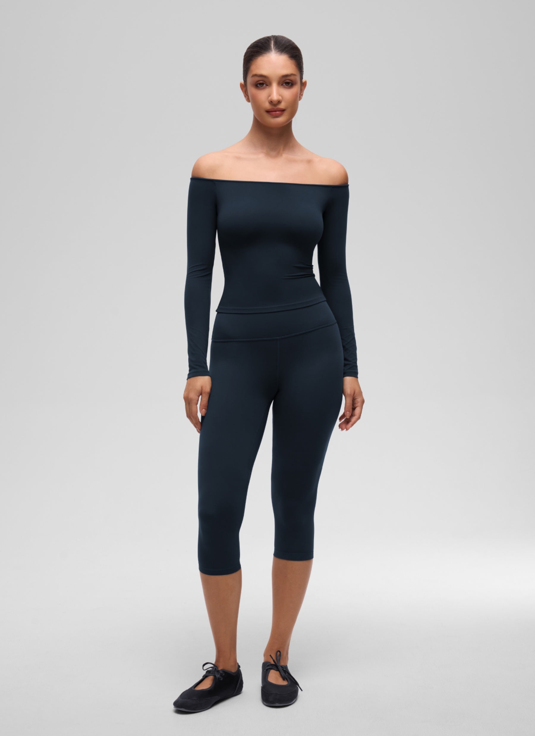 CRZ YOGA Women's Casual Softembrace Off Shoulder Tight Fit Long Sleeve True Navy @model_info:I