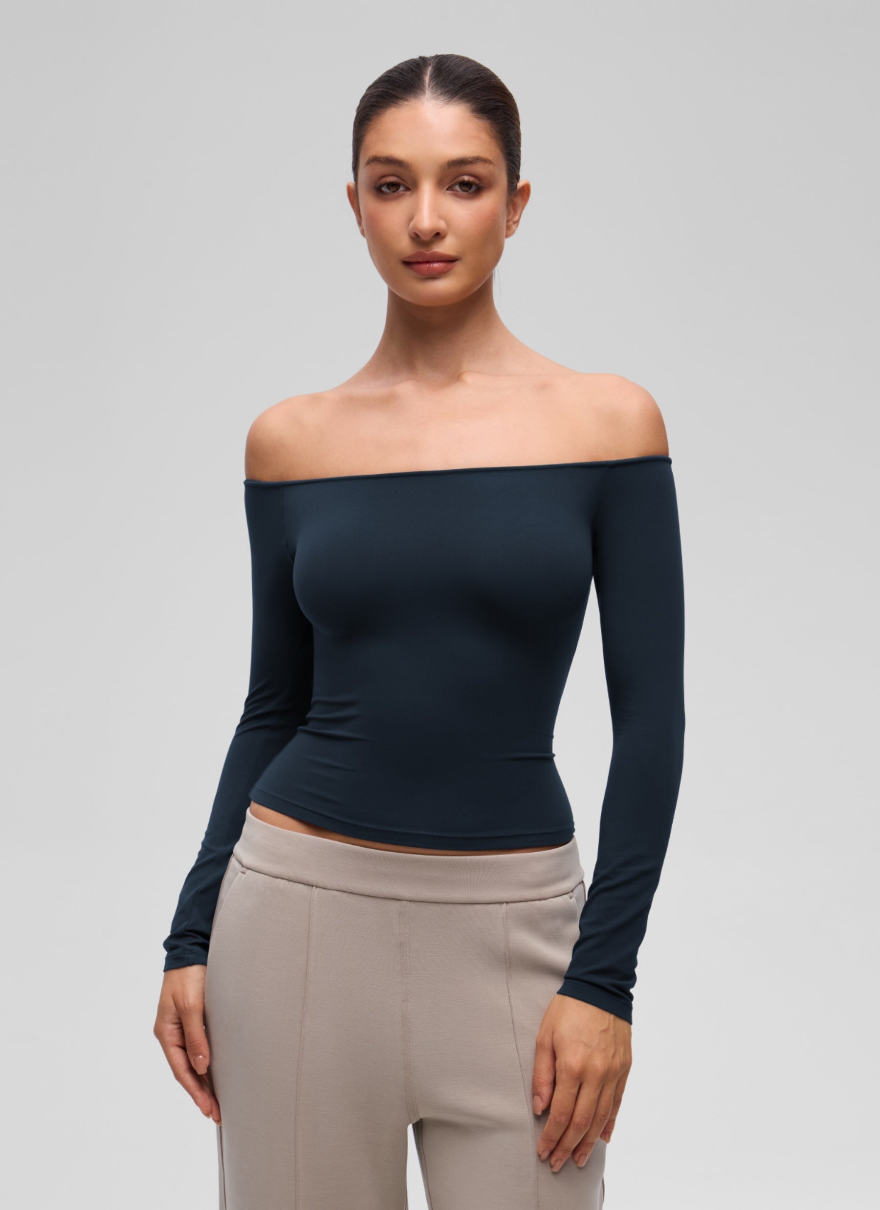 CRZ YOGA Women's Casual Softembrace Off Shoulder Tight Fit Long Sleeve True Navy @model_info:I