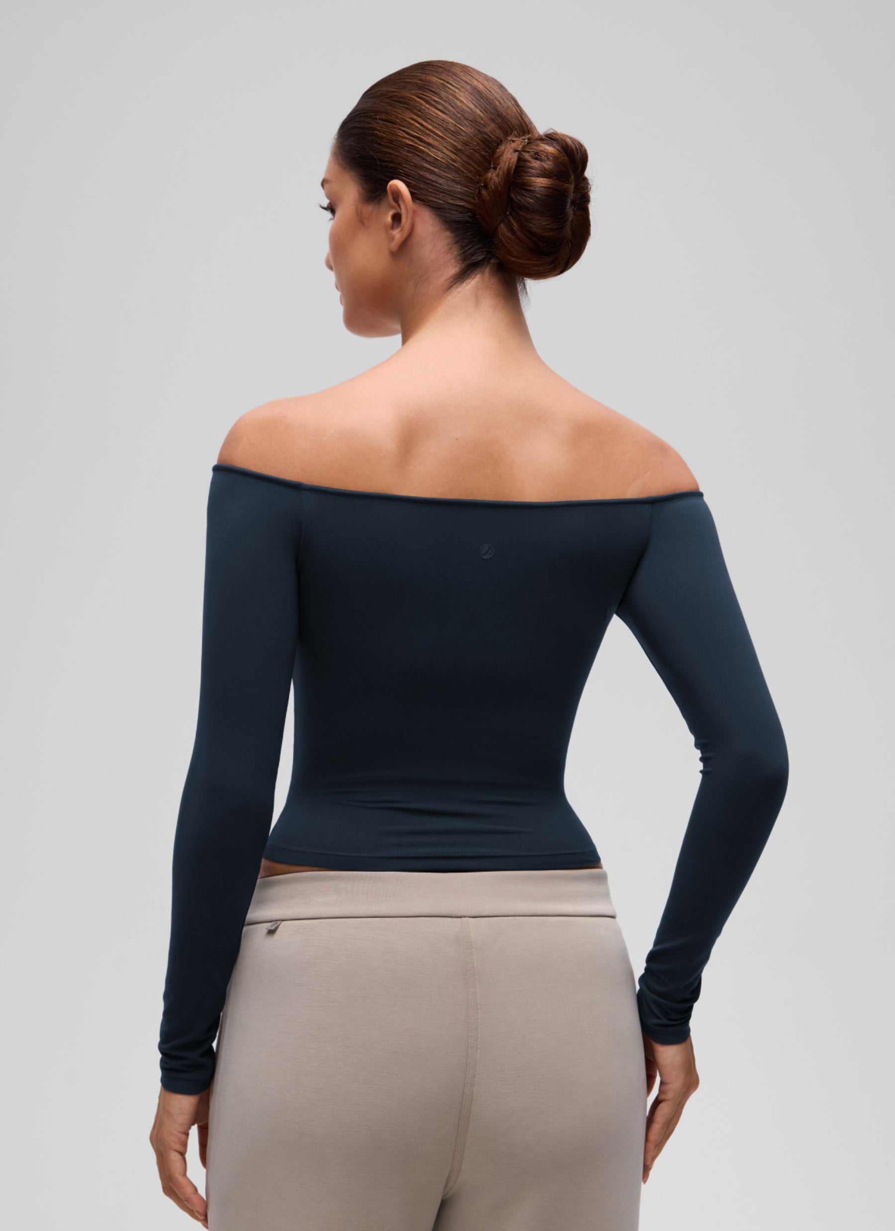 CRZ YOGA Women's Casual Softembrace Off Shoulder Tight Fit Long Sleeve True Navy @model_info:I
