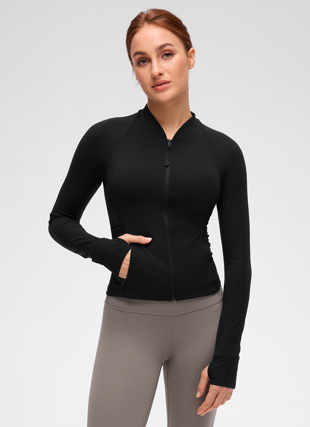 Chaqueta Butterluxe casual con cuello en V, largo hasta la cintura y bolsillos para mujer CRZ YOGA, Negro
