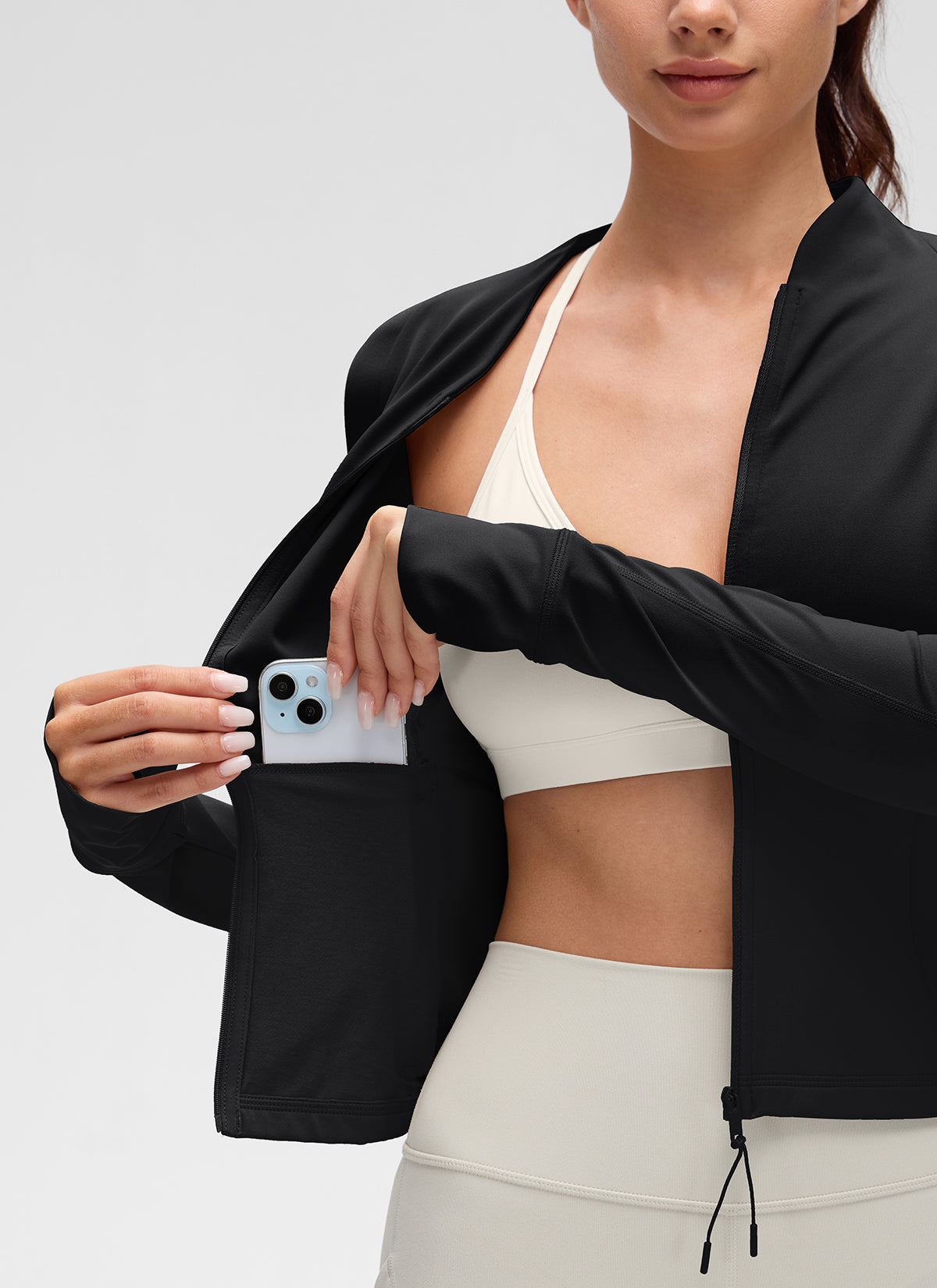 Chaqueta Butterluxe casual con cuello en V, largo hasta la cintura y bolsillos para mujer CRZ YOGA, Negro