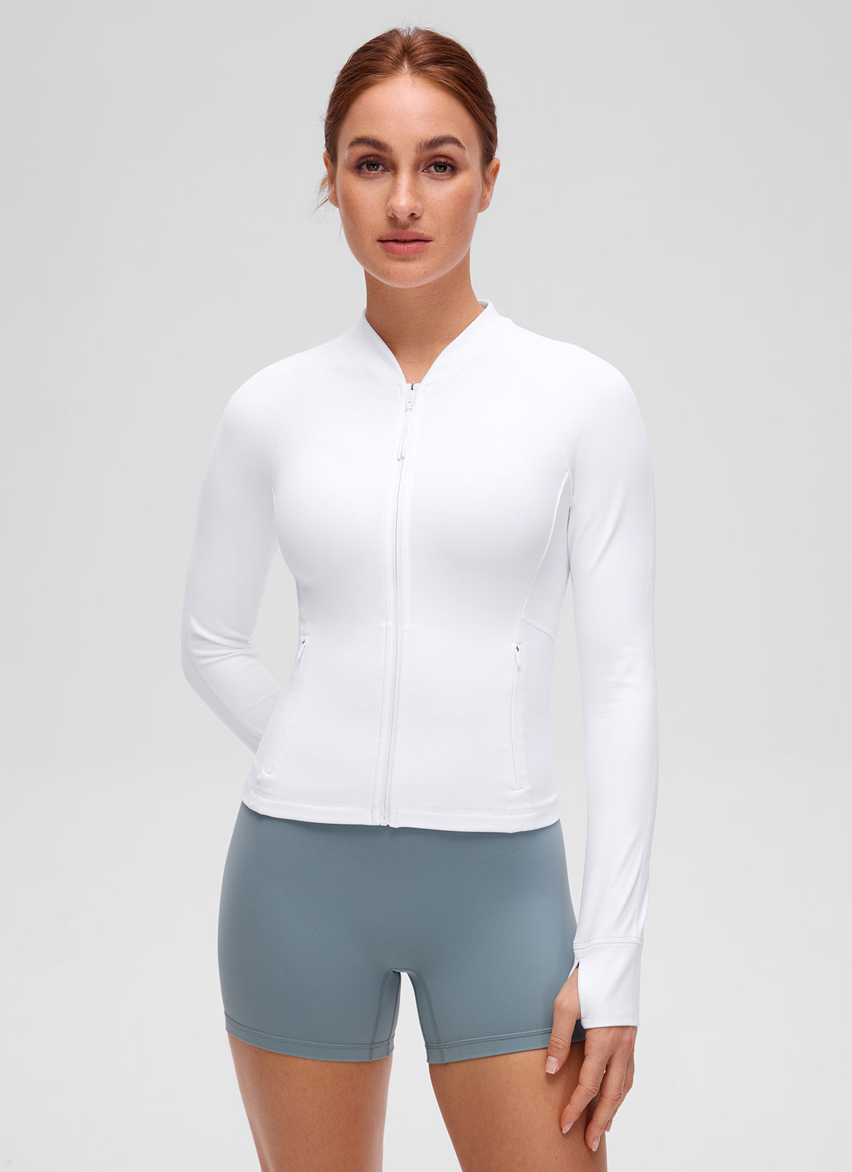 Chaqueta Butterluxe casual con cuello en V, largo hasta la cintura y bolsillos para mujer CRZ YOGA, Blanco