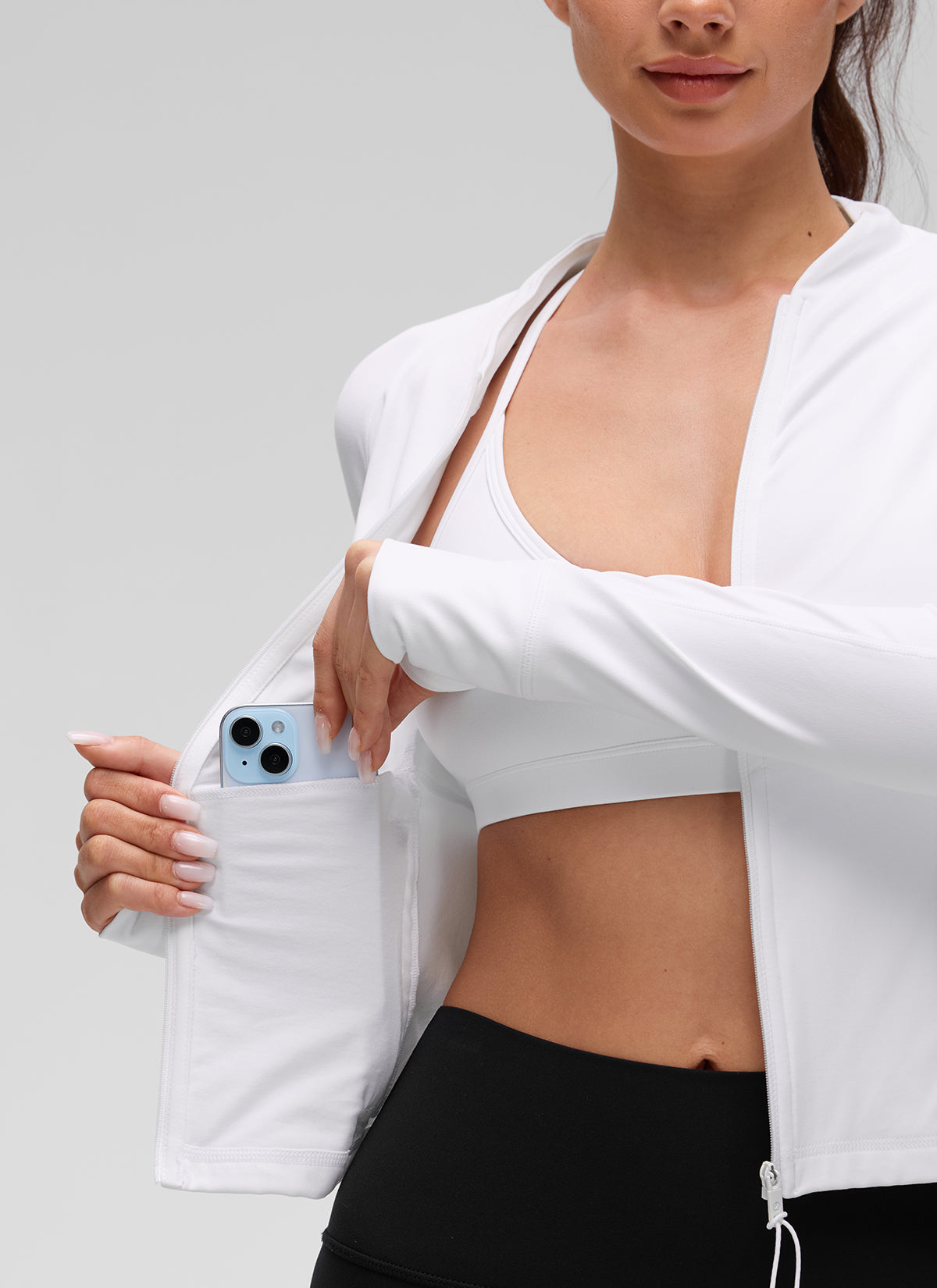 Chaqueta Butterluxe casual con cuello en V, largo hasta la cintura y bolsillos para mujer CRZ YOGA, Blanco