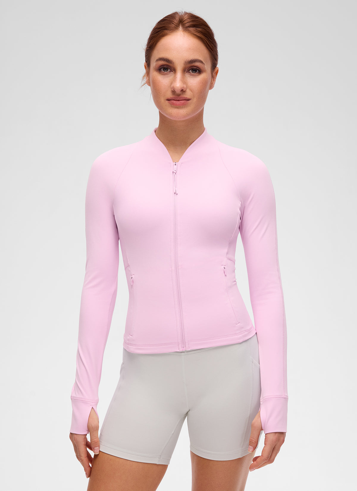 Chaqueta Butterluxe casual con cuello en V, largo hasta la cintura y bolsillos para mujer CRZ YOGA, Rosa Vita