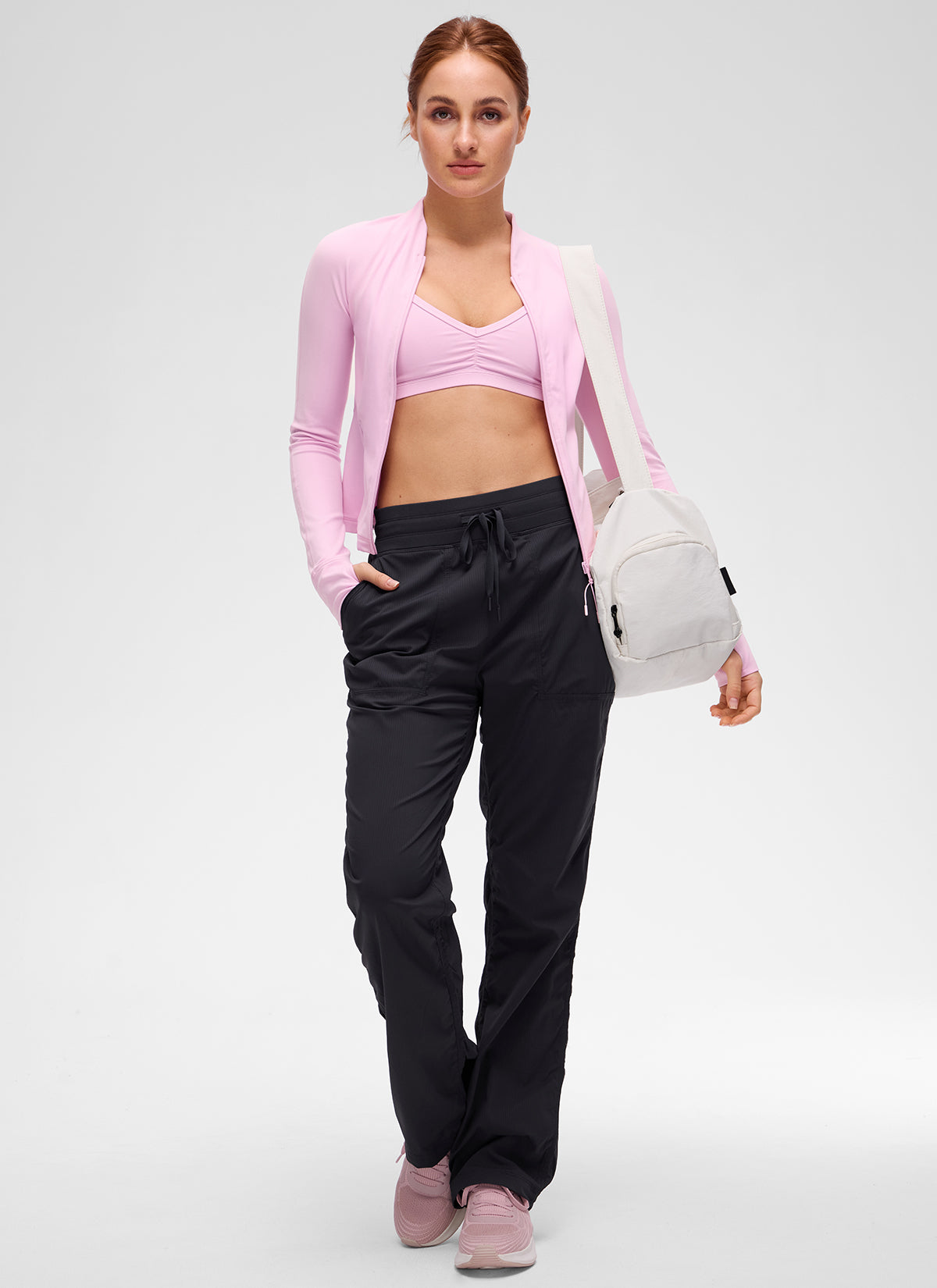 Chaqueta Butterluxe casual con cuello en V, largo hasta la cintura y bolsillos para mujer CRZ YOGA, Rosa Vita