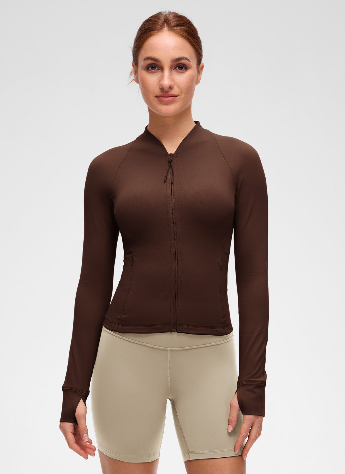 Chaqueta Butterluxe casual con cuello en V, largo hasta la cintura y bolsillos para mujer CRZ YOGA, Marrón Lava