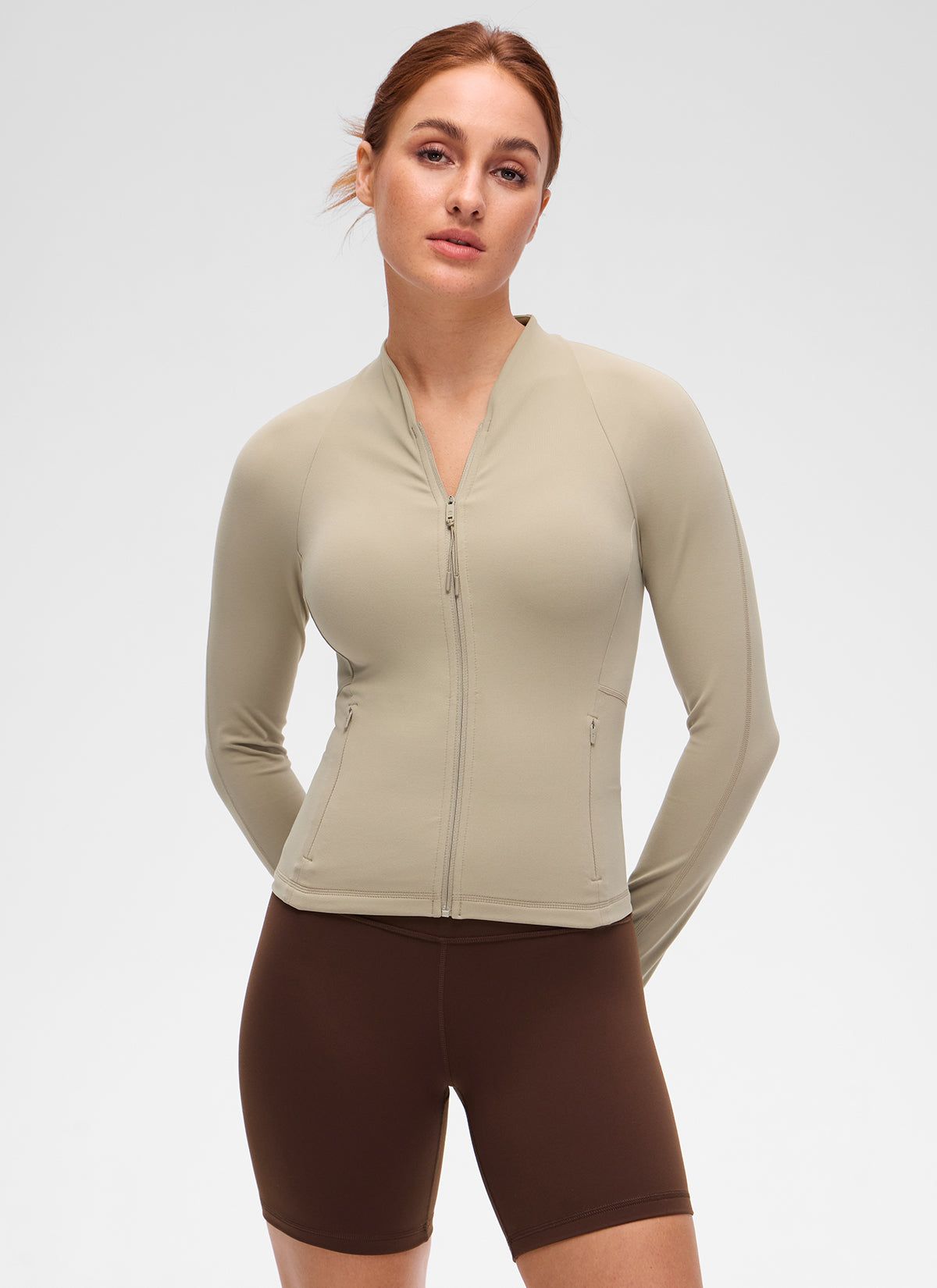 Chaqueta casual de mujer CRZ YOGA Butterluxe con cuello en V, largo hasta la cintura y bolsillos, Roble