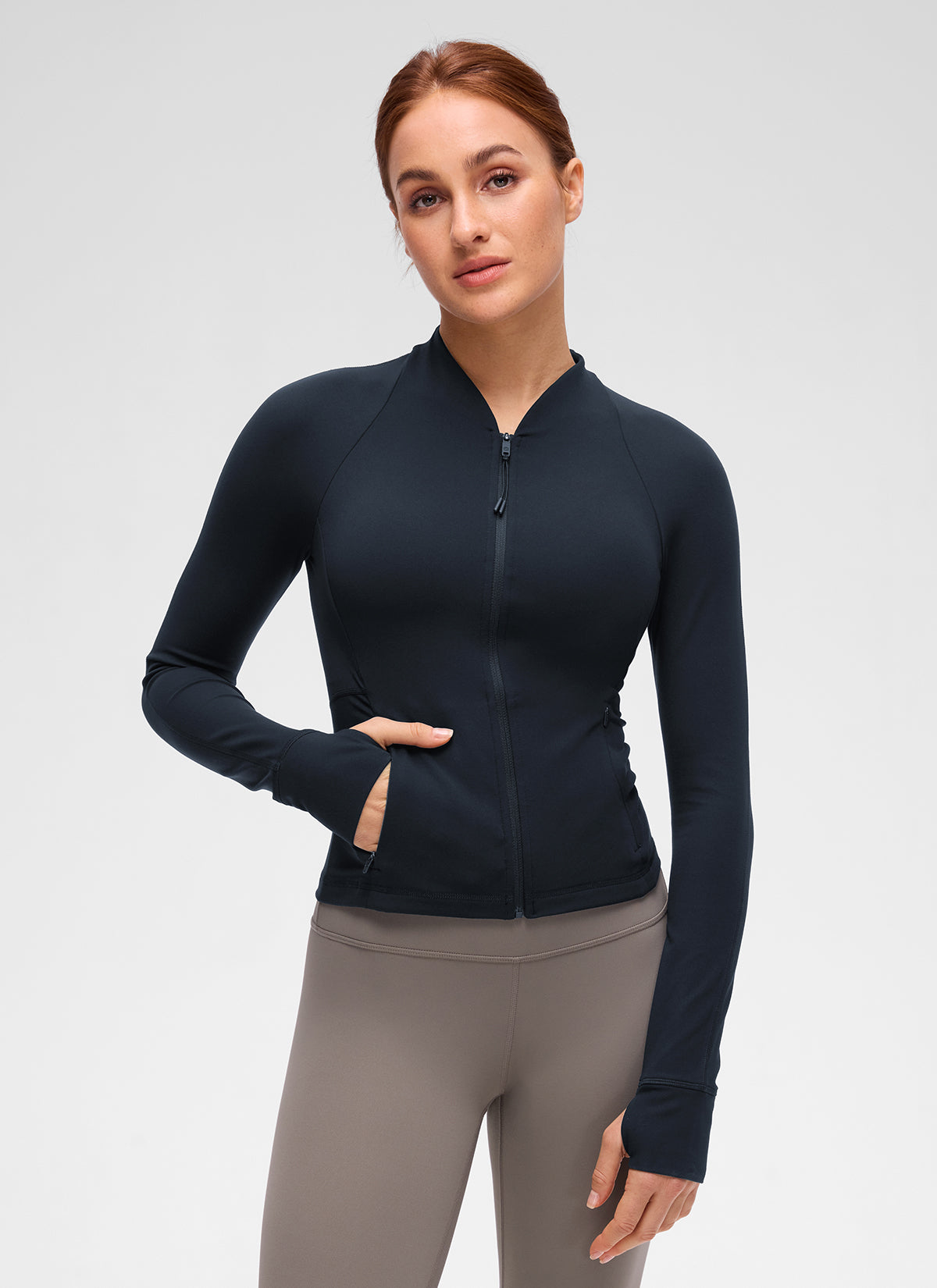 Chaqueta Butterluxe casual con cuello en V, largo hasta la cintura y bolsillos para mujer CRZ YOGA, Azul Marino