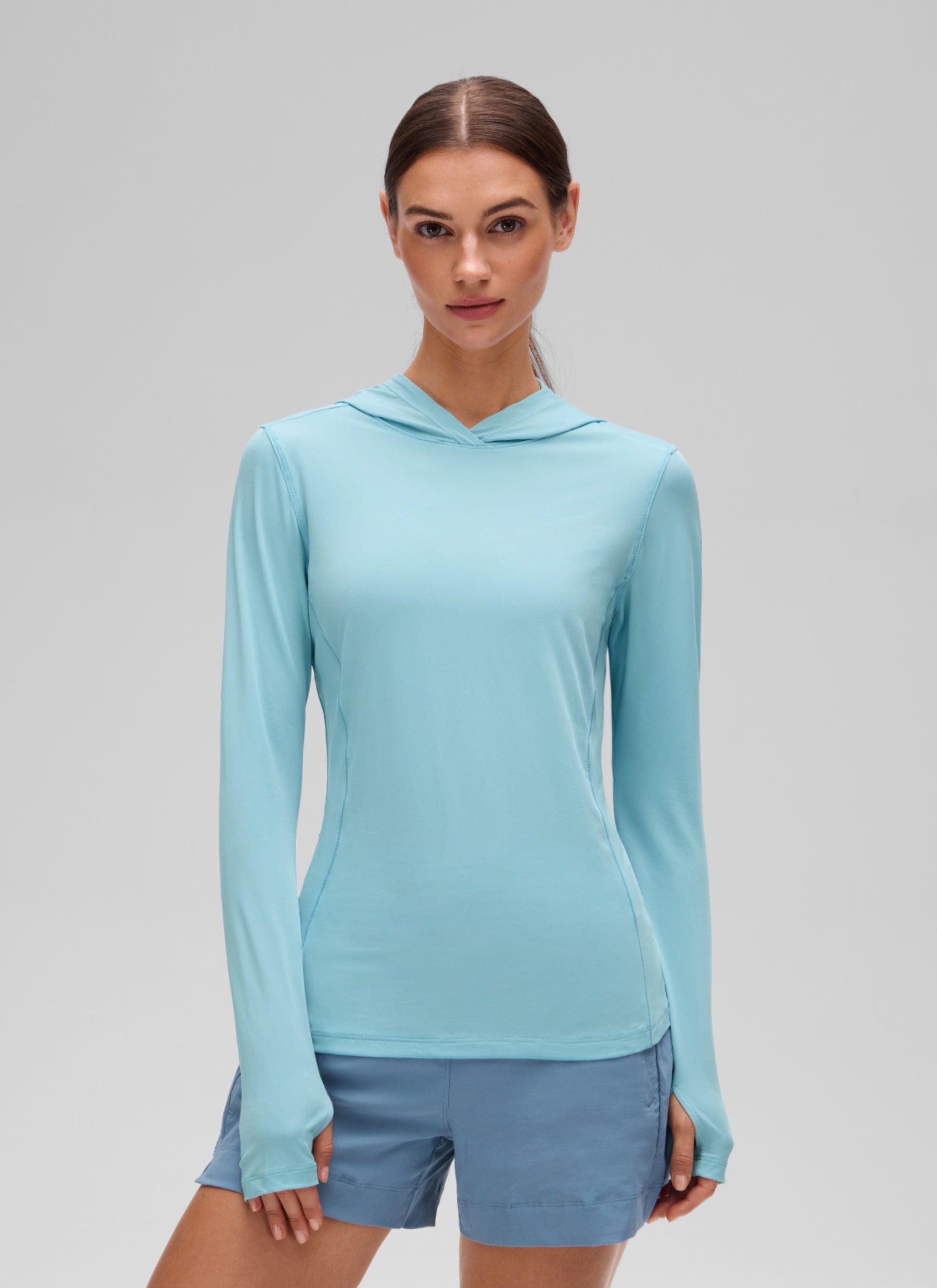 CRZ YOGA Women's UPF 50+ Long Sleeve Sun Hoodie Light Blue @model_info:G