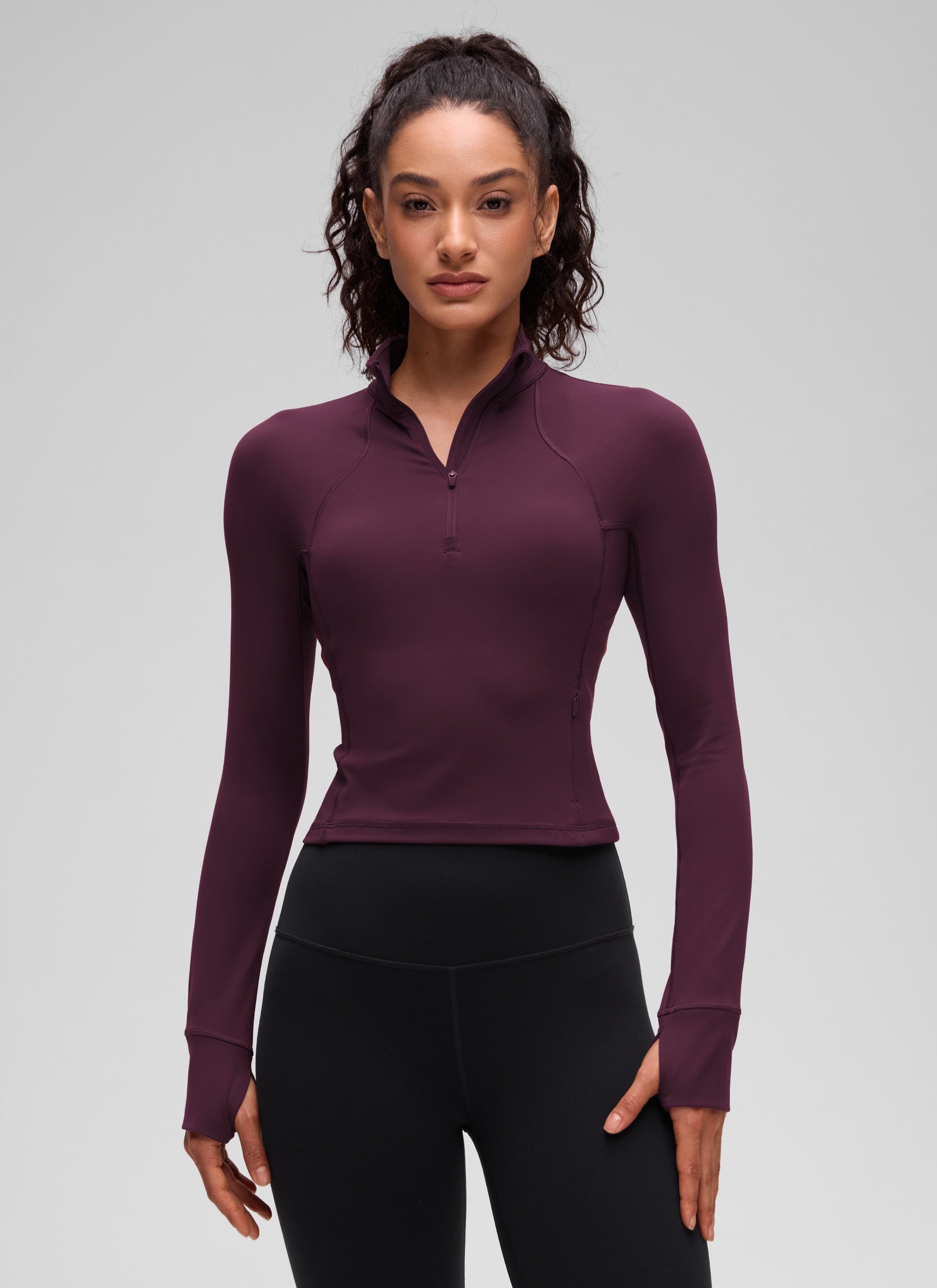 CRZ YOGA Tops de yoga de corte ceñido de manga larga con media cremallera Butterluxe para mujer Morado intenso