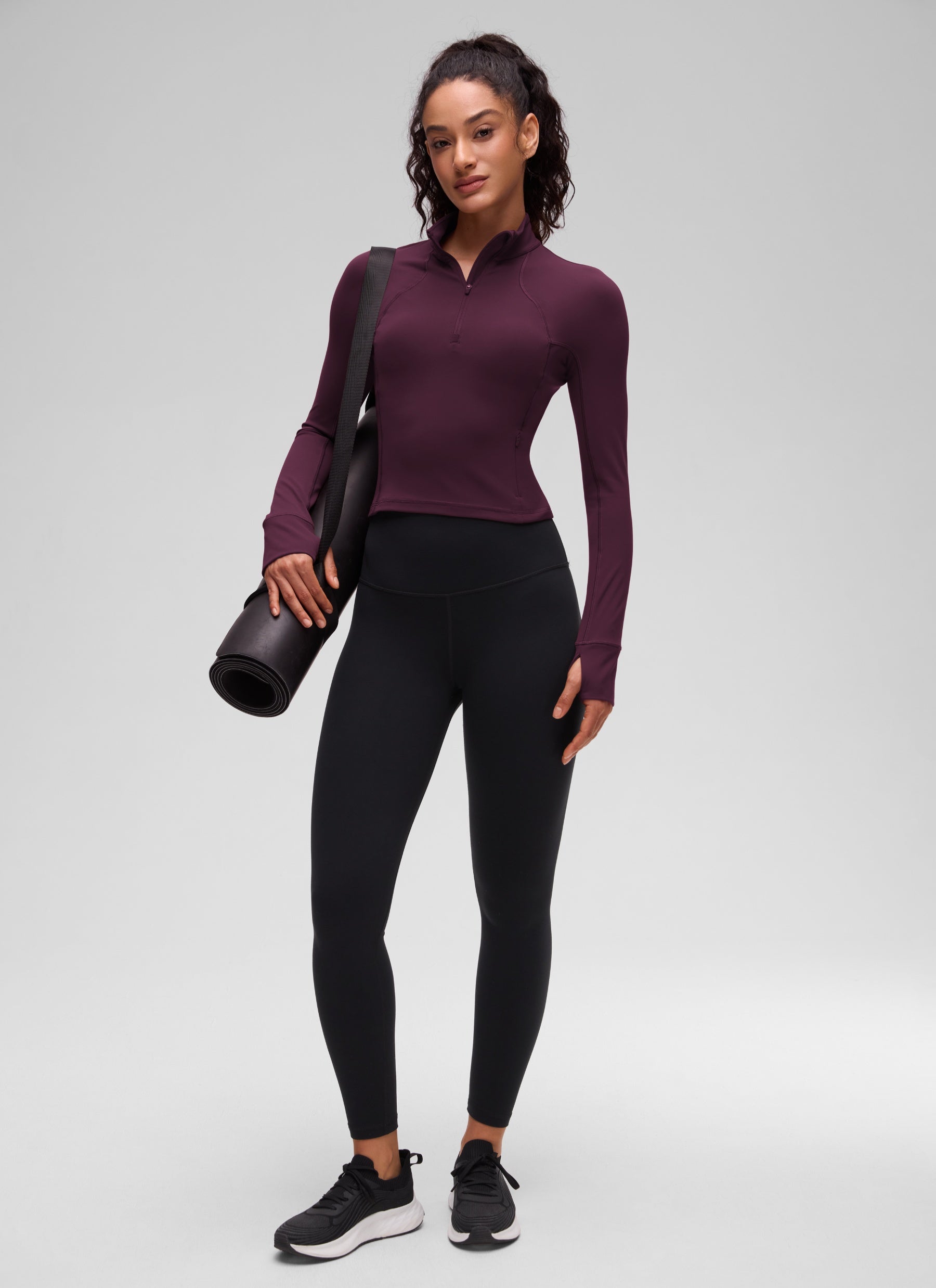 CRZ YOGA Tops de yoga de corte ceñido de manga larga con media cremallera Butterluxe para mujer Morado intenso