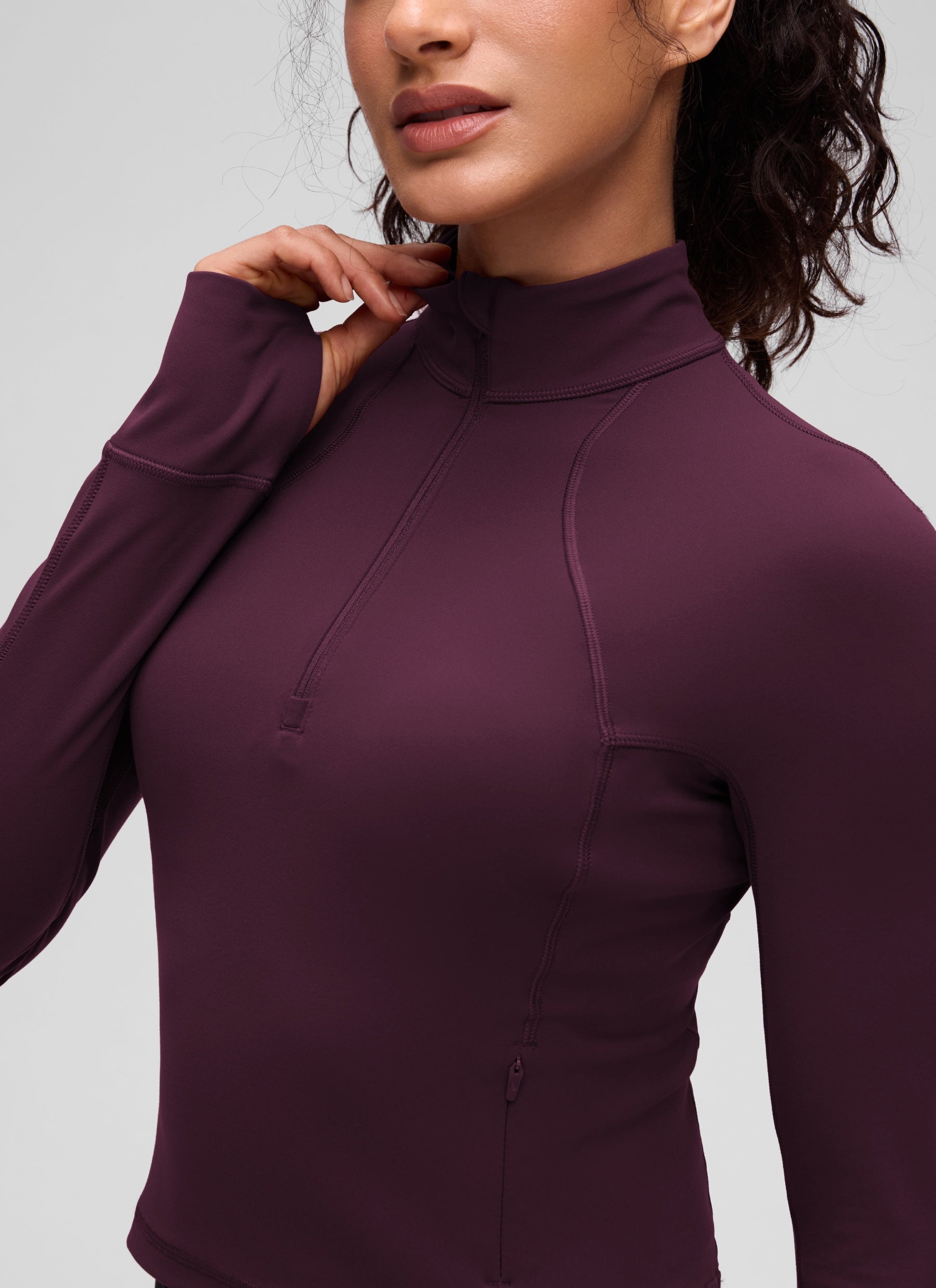 CRZ YOGA Tops de yoga de corte ceñido de manga larga con media cremallera Butterluxe para mujer Morado intenso