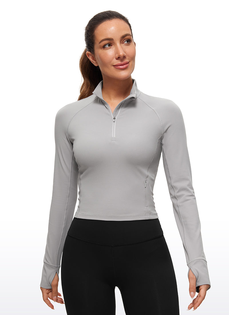 CRZ YOGA Hauts de yoga coupe slim pour femme Butterluxe à demi-fermeture éclair et manches longues Gris mouette