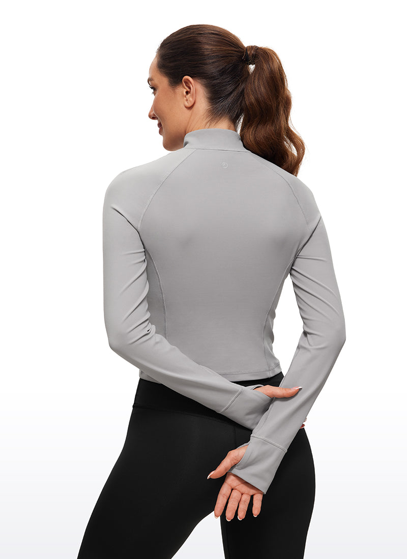 CRZ YOGA Hauts de yoga coupe slim pour femme Butterluxe à demi-fermeture éclair et manches longues Gris mouette