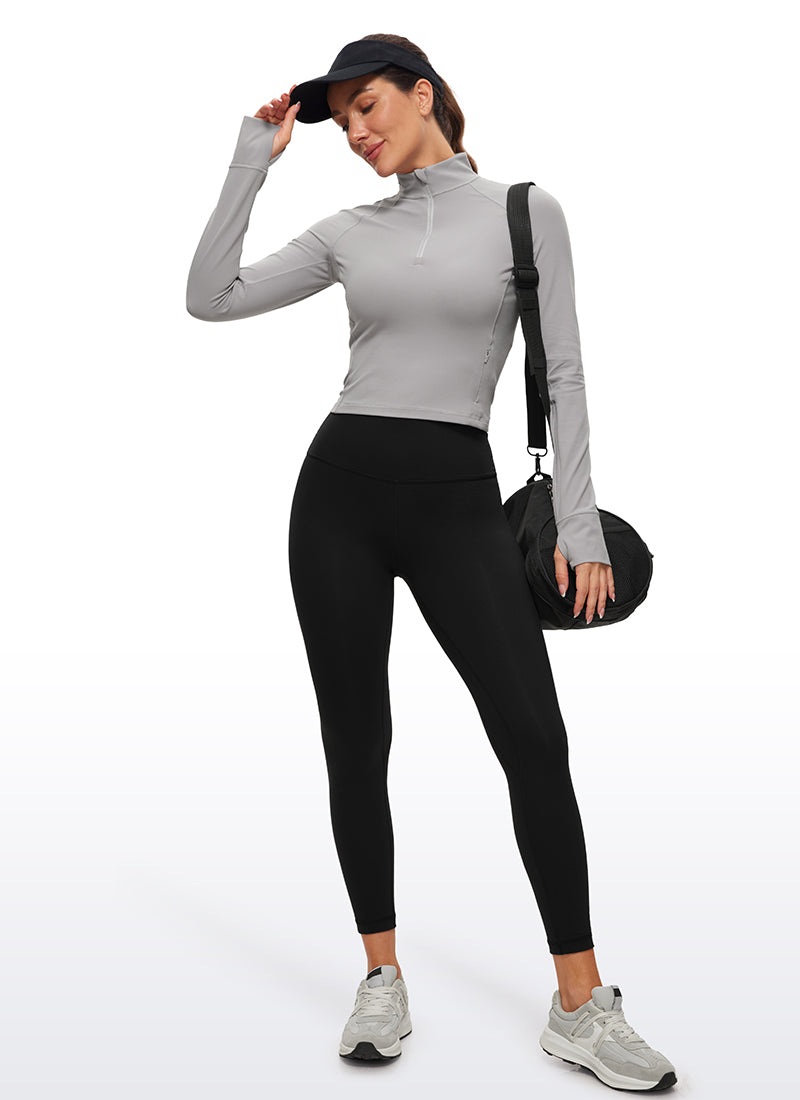 CRZ YOGA Hauts de yoga coupe slim pour femme Butterluxe à demi-fermeture éclair et manches longues Gris mouette