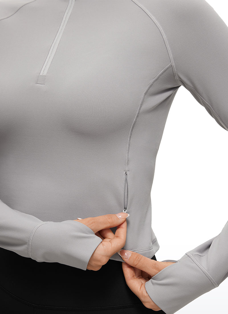 CRZ YOGA Hauts de yoga coupe slim pour femme Butterluxe à demi-fermeture éclair et manches longues Gris mouette