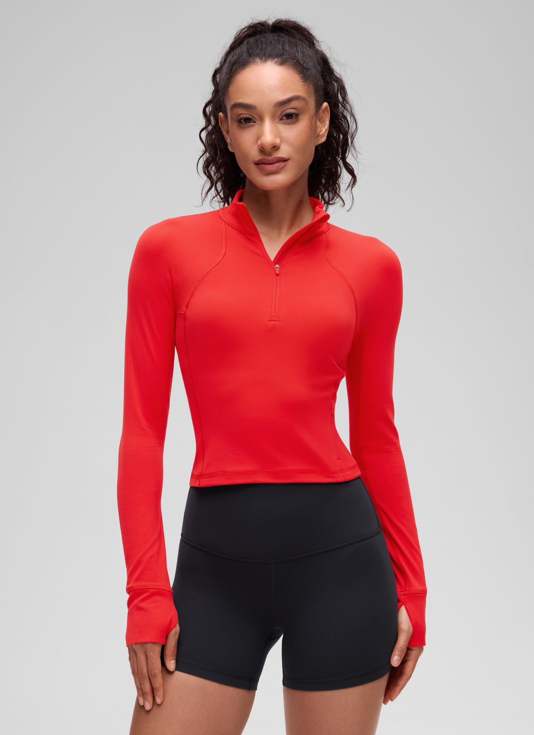 CRZ YOGA Tops de yoga de corte ceñido de manga larga con media cremallera Butterluxe para mujer Rojo intenso