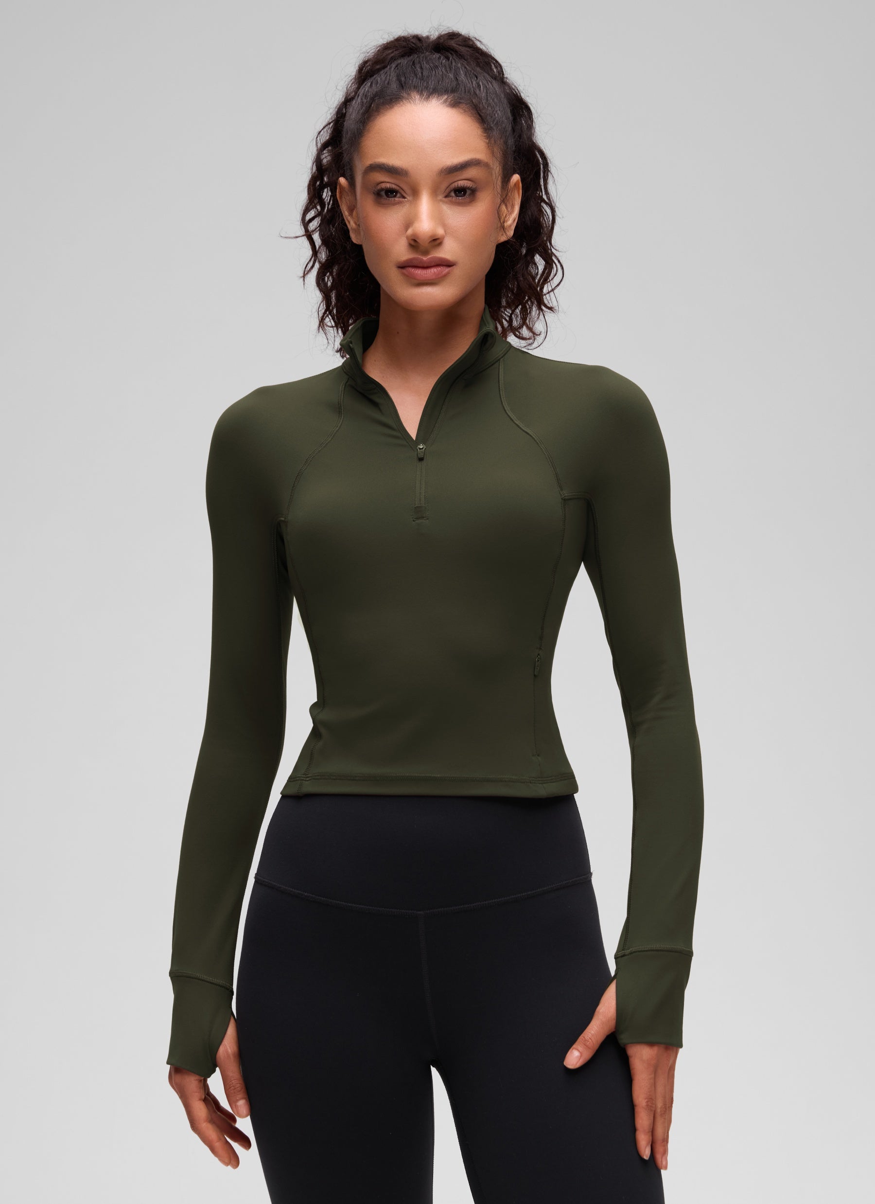 Haut de yoga coupe slim CRZ YOGA Butterluxe à demi-zip et manches longues Vert Olive