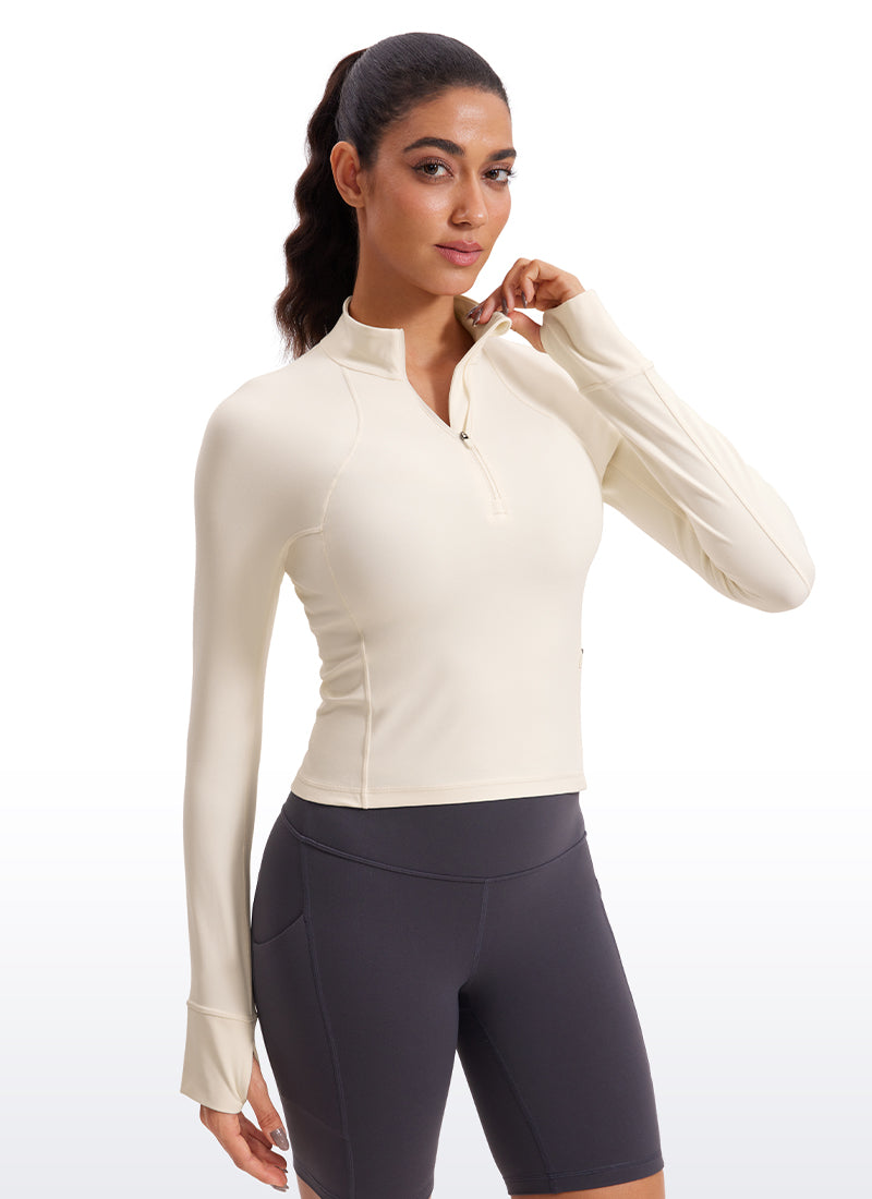 Haut de yoga coupe slim CRZ YOGA Butterluxe à demi-zip et manches longues Blanc Abricot