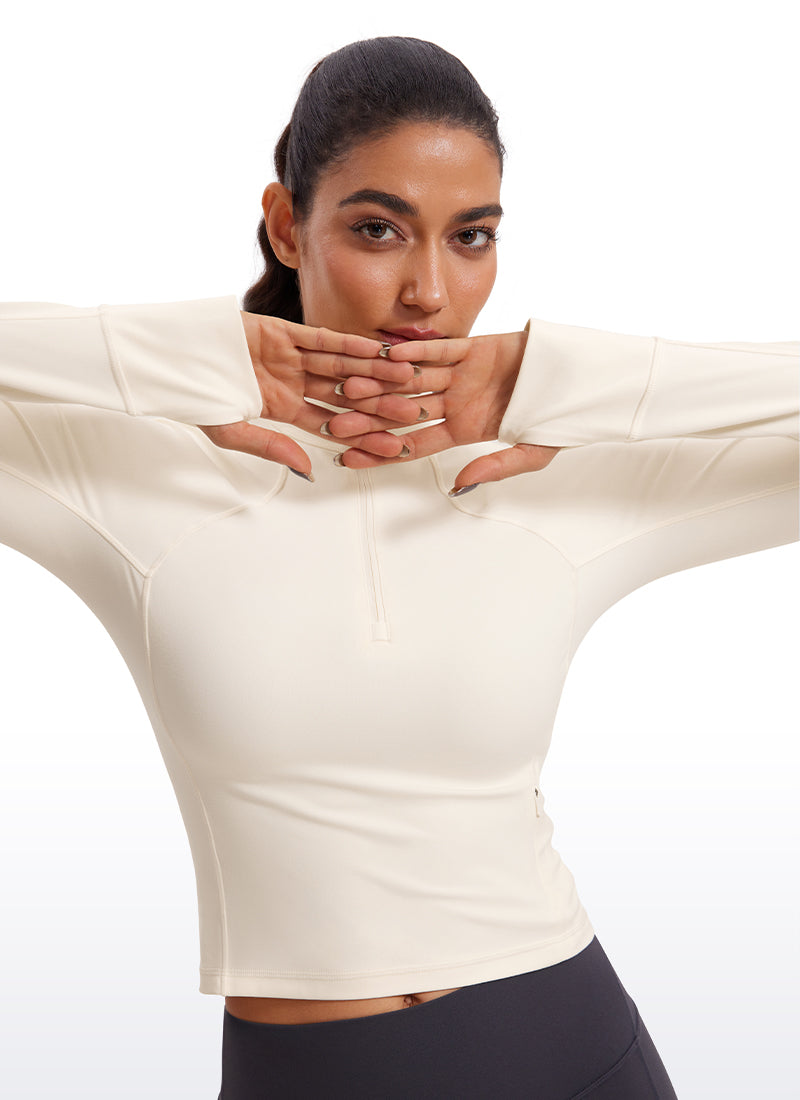 Haut de yoga coupe slim CRZ YOGA Butterluxe à demi-zip et manches longues Blanc Abricot