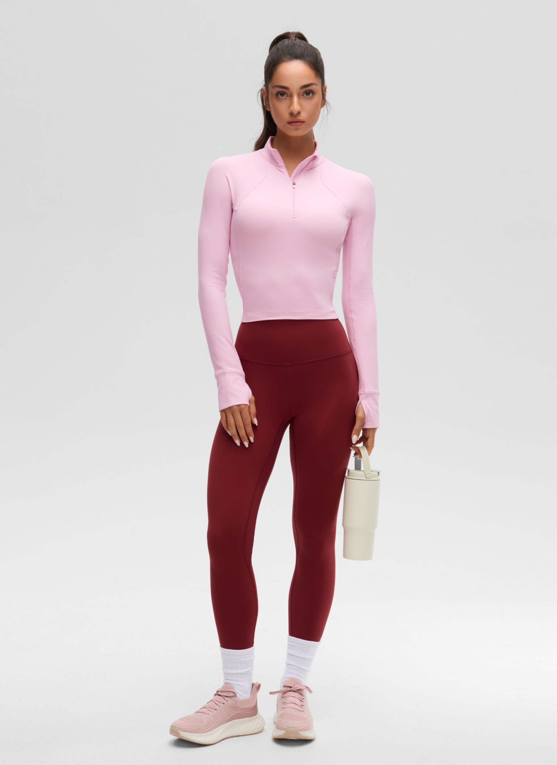 CRZ YOGA Tops de yoga de corte ceñido de manga larga con media cremallera Butterluxe para mujer Rosa peonía