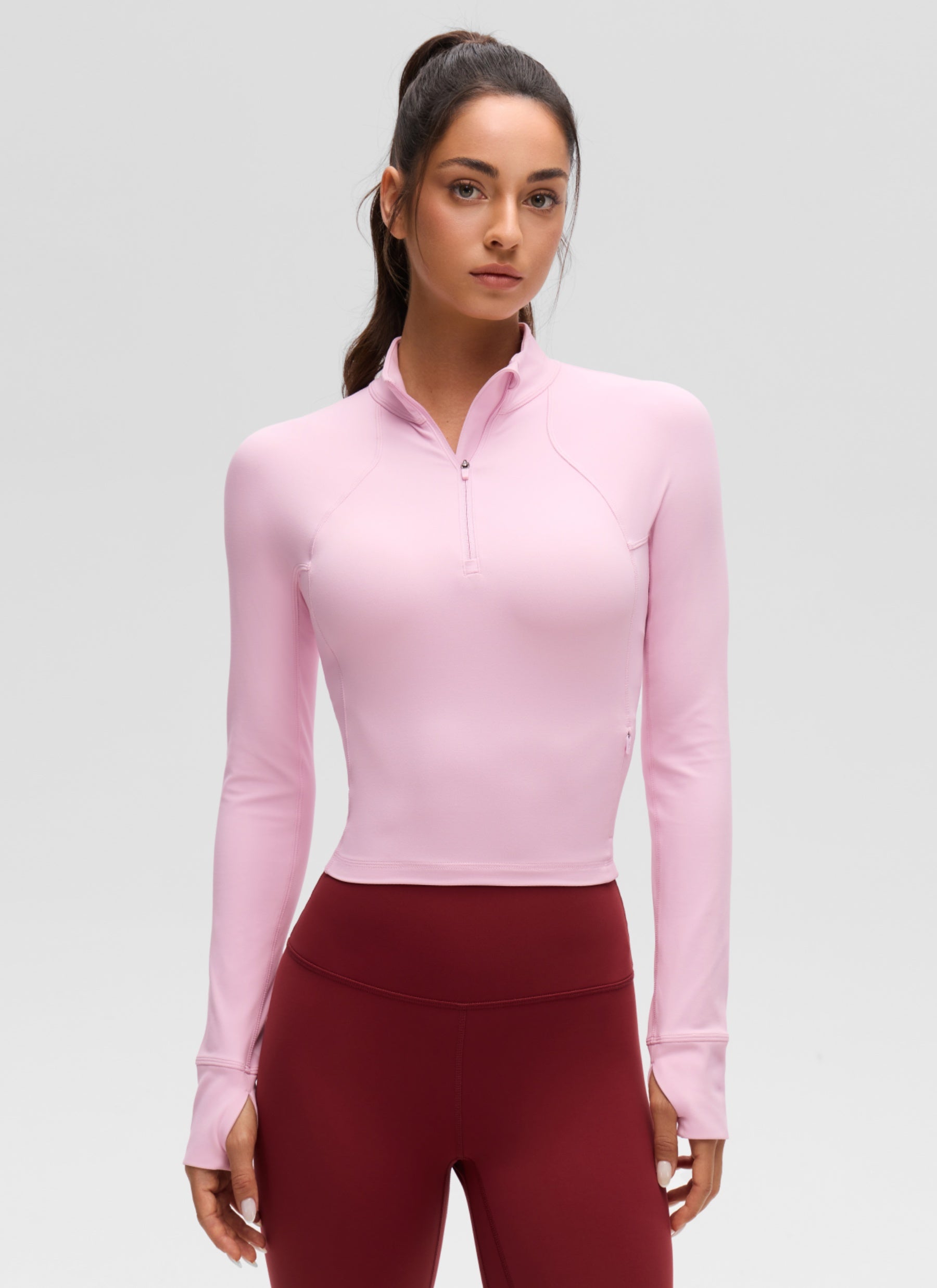 CRZ YOGA Tops de yoga de corte ceñido de manga larga con media cremallera Butterluxe para mujer Rosa peonía