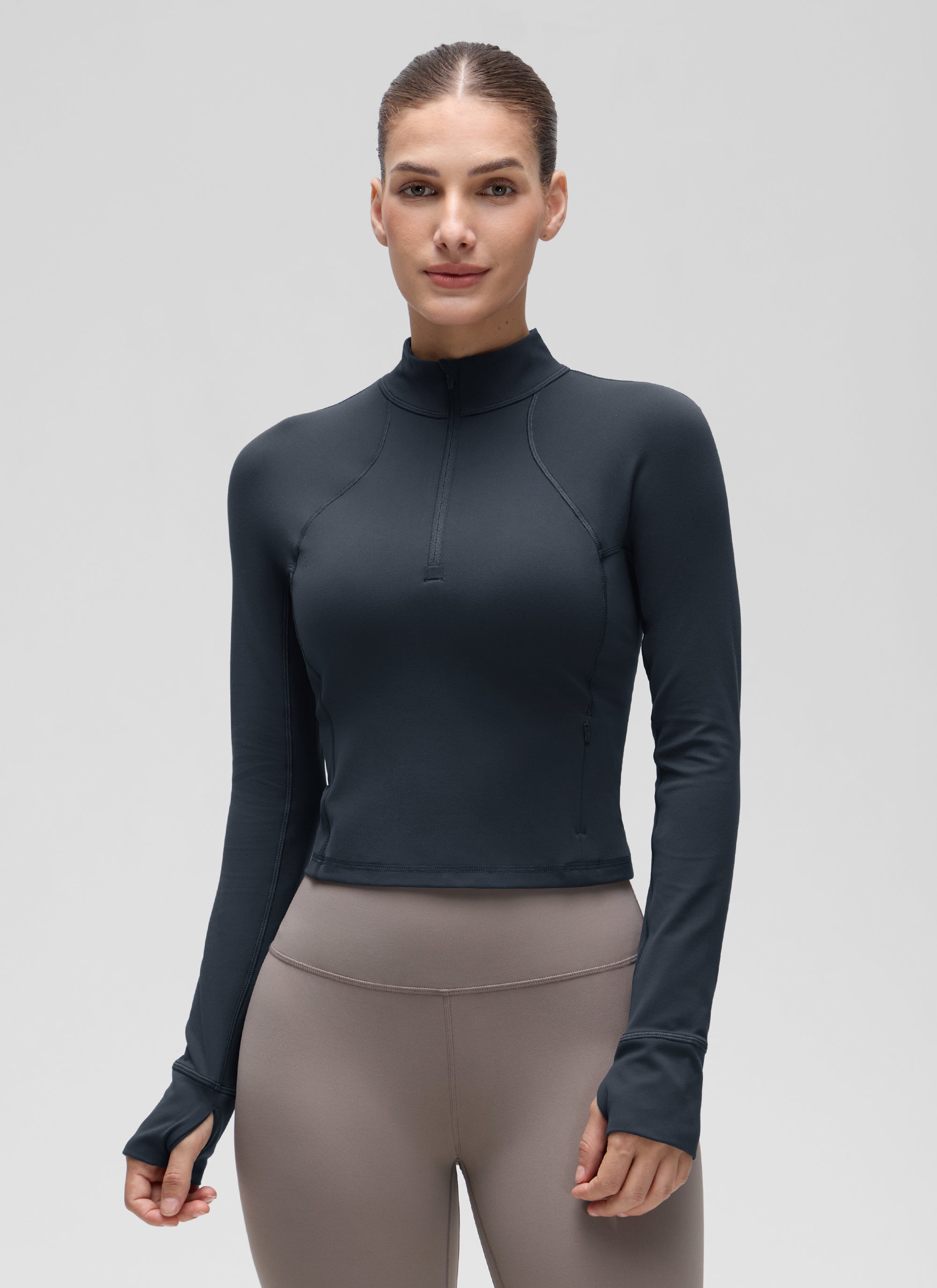 CRZ YOGA Tops de yoga de corte ceñido de manga larga con media cremallera Butterluxe para mujer Azul marino auténtico