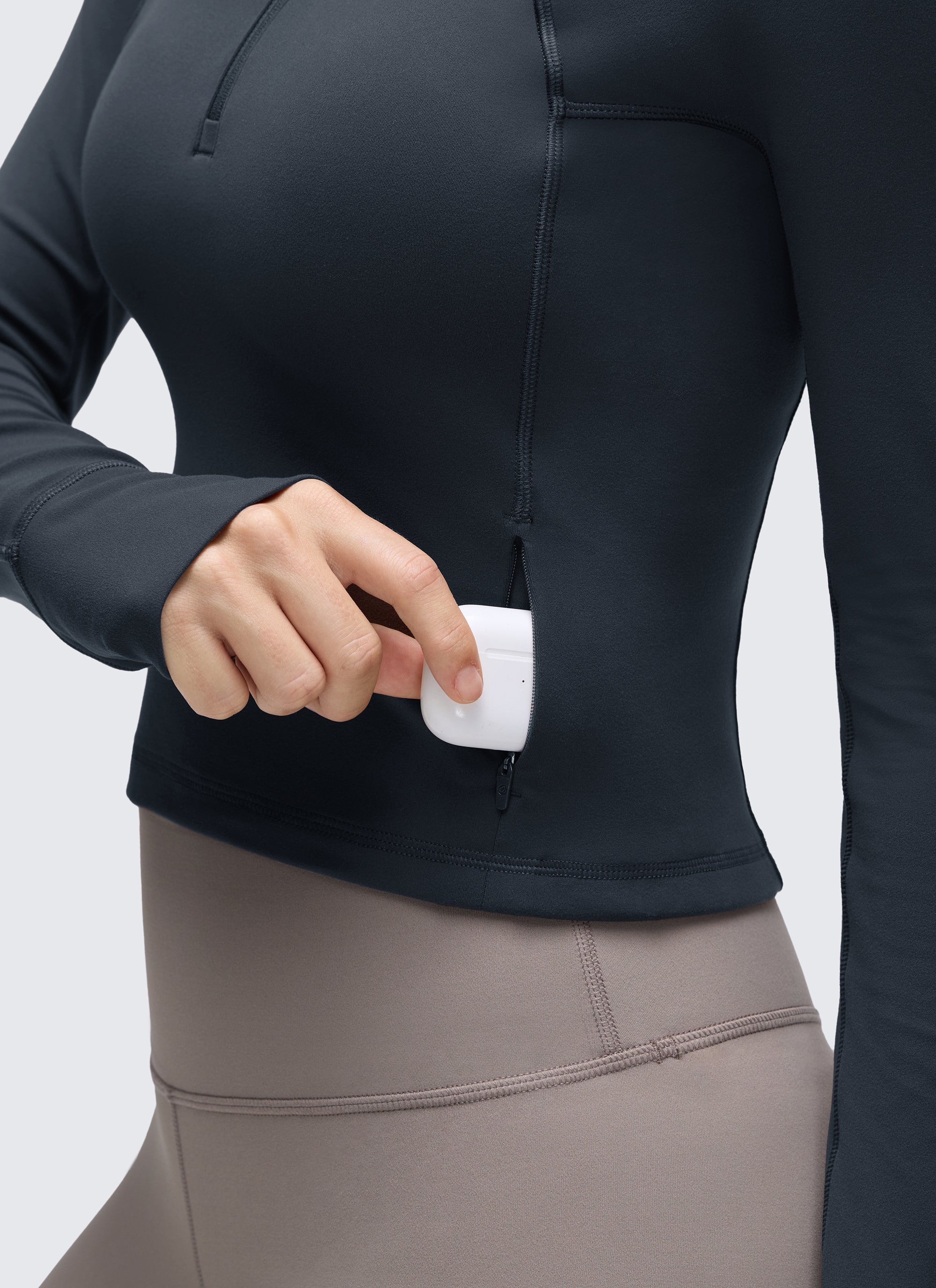 CRZ YOGA Tops de yoga de corte ceñido de manga larga con media cremallera Butterluxe para mujer Azul marino auténtico