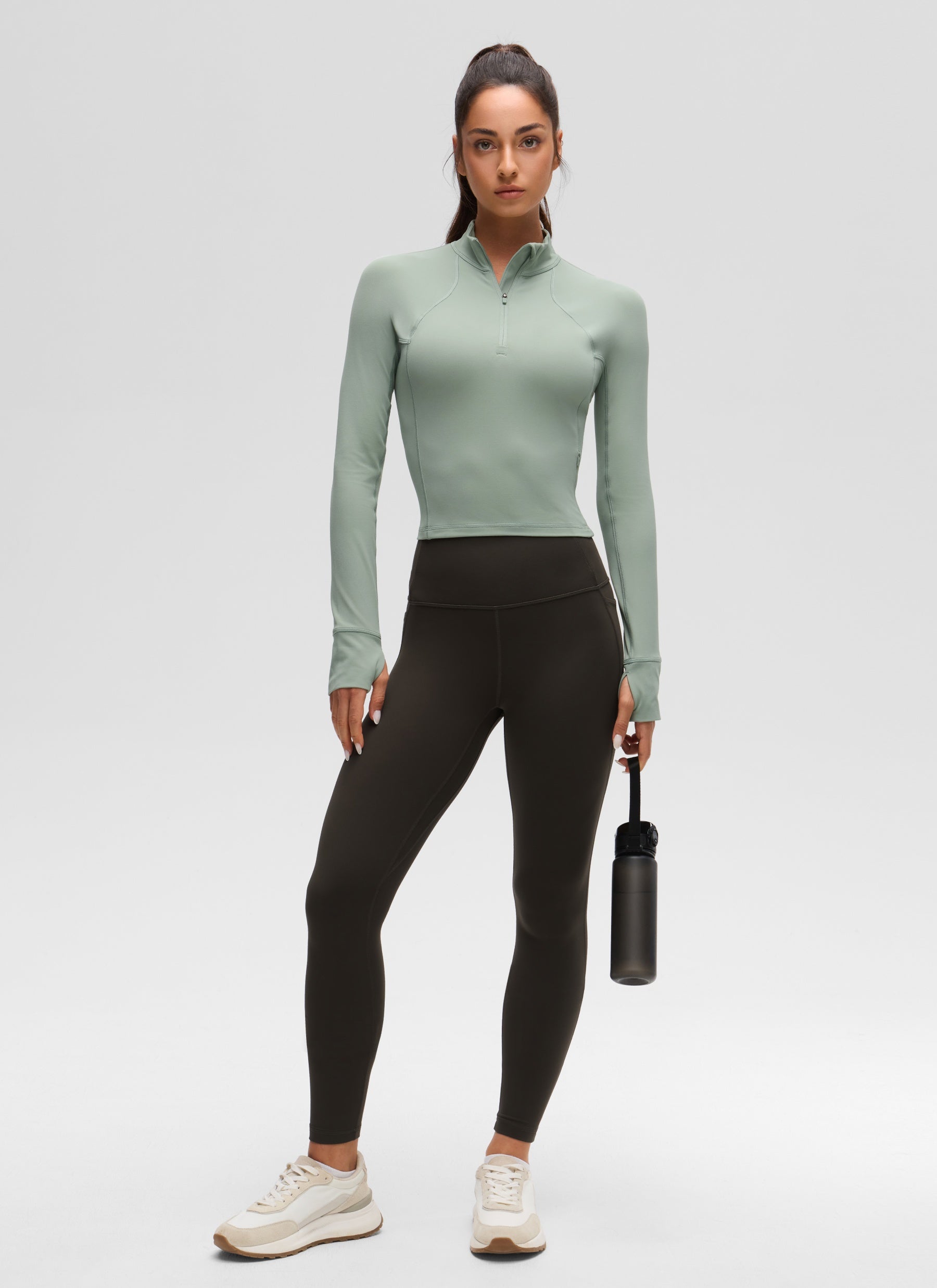 CRZ YOGA Women's Yoga Slim Fit Tops Butterluxe Half-Zip Long Sleeve Green Palm Court