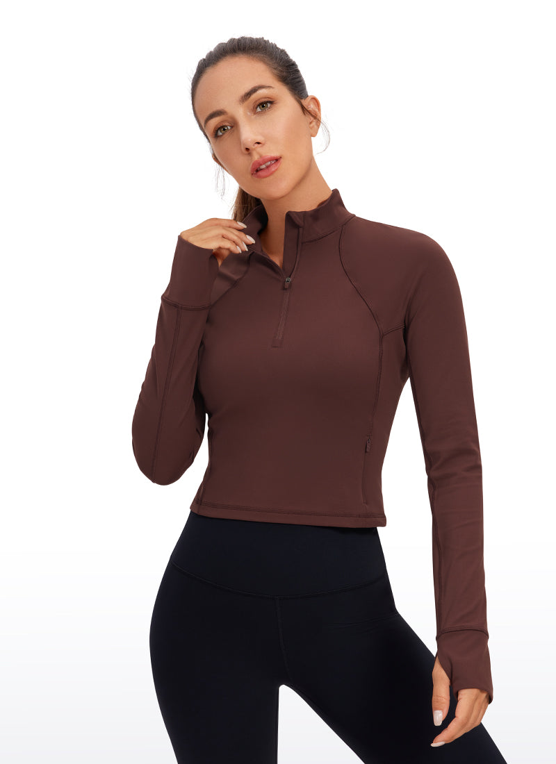 CRZ YOGA Tops de yoga de corte ceñido de manga larga con media cremallera Butterluxe para mujer Topo