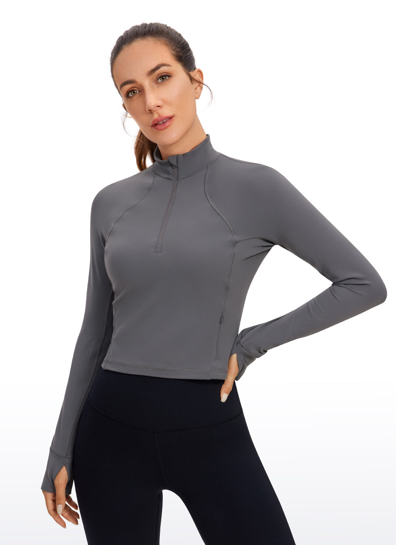 CRZ YOGA Women's Yoga Slim Fit Tops Butterluxe Half-Zip Long Sleeve Dark Carbon