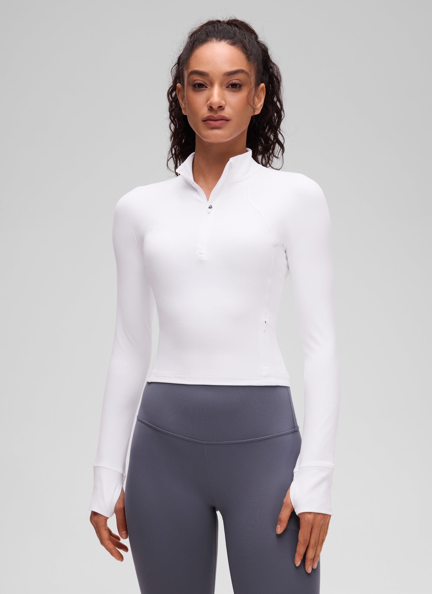 CRZ YOGA Tops de yoga de corte ceñido de manga larga con media cremallera Butterluxe para mujer Blanco