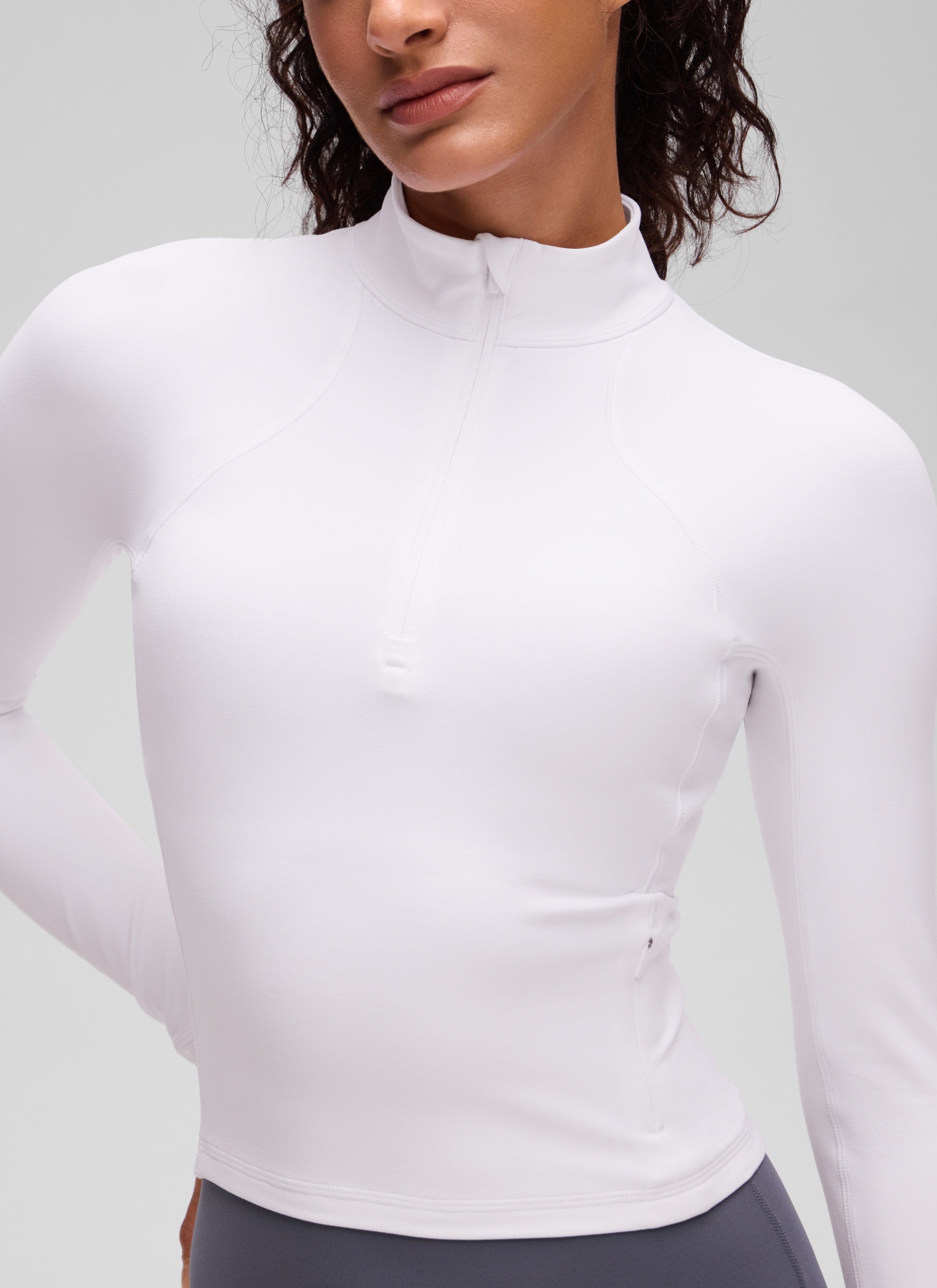 CRZ YOGA Tops de yoga de corte ceñido de manga larga con media cremallera Butterluxe para mujer Blanco