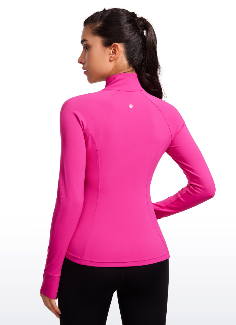 CRZ YOGA Damen-Yoga-Oberteile in Slim-Fit-Passform „ Butterluxe “ mit durchgehendem Reißverschluss und langen Ärmeln, Hibiskus-Lila