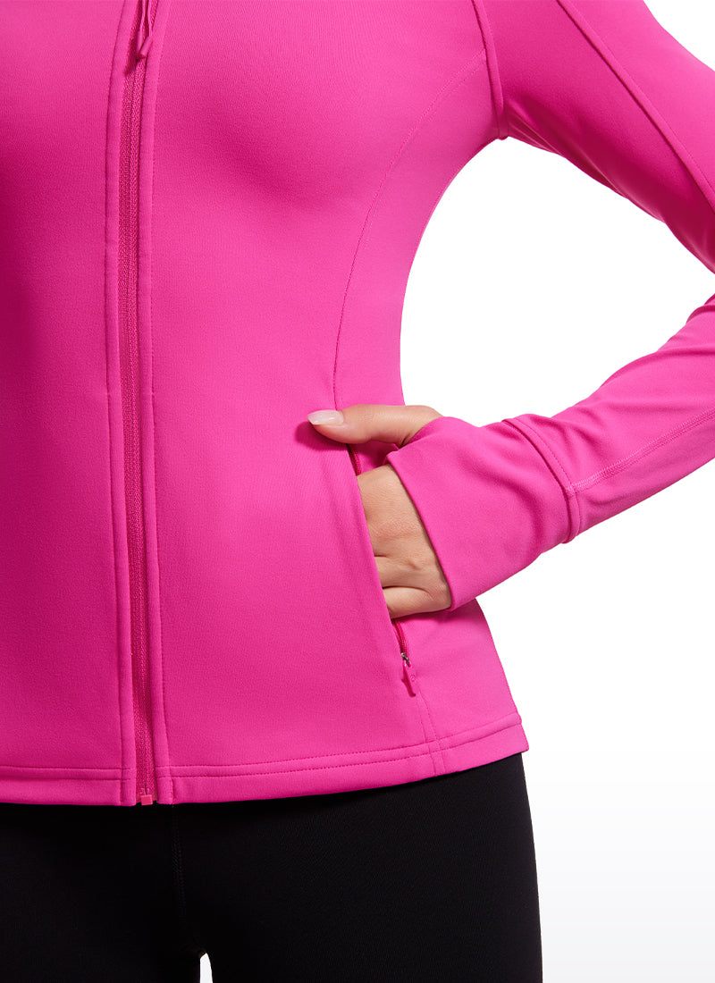 CRZ YOGA Damen-Yoga-Oberteile in Slim-Fit-Passform „ Butterluxe “ mit durchgehendem Reißverschluss und langen Ärmeln, Hibiskus-Lila