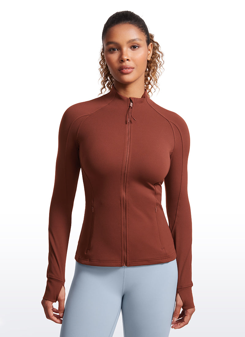 CRZ YOGA Hauts de Yoga Slim Fit pour Femme Butterluxe Zip Intégral Manches Longues Marron Jujube