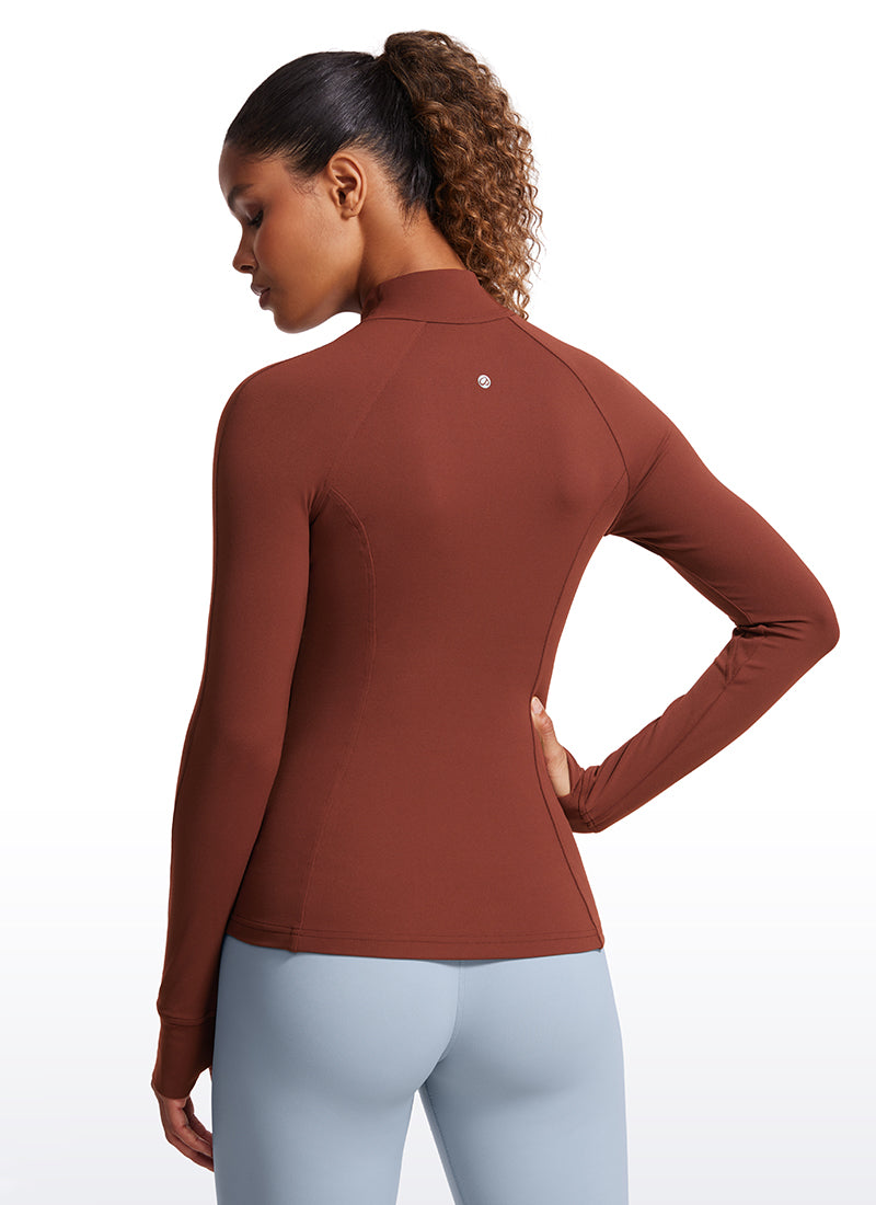 CRZ YOGA Hauts de Yoga Slim Fit pour Femme Butterluxe Zip Intégral Manches Longues Marron Jujube
