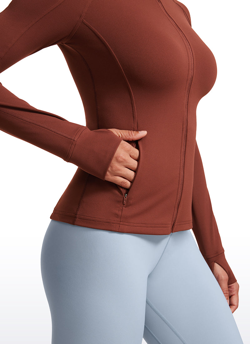 CRZ YOGA Hauts de Yoga Slim Fit pour Femme Butterluxe Zip Intégral Manches Longues Marron Jujube