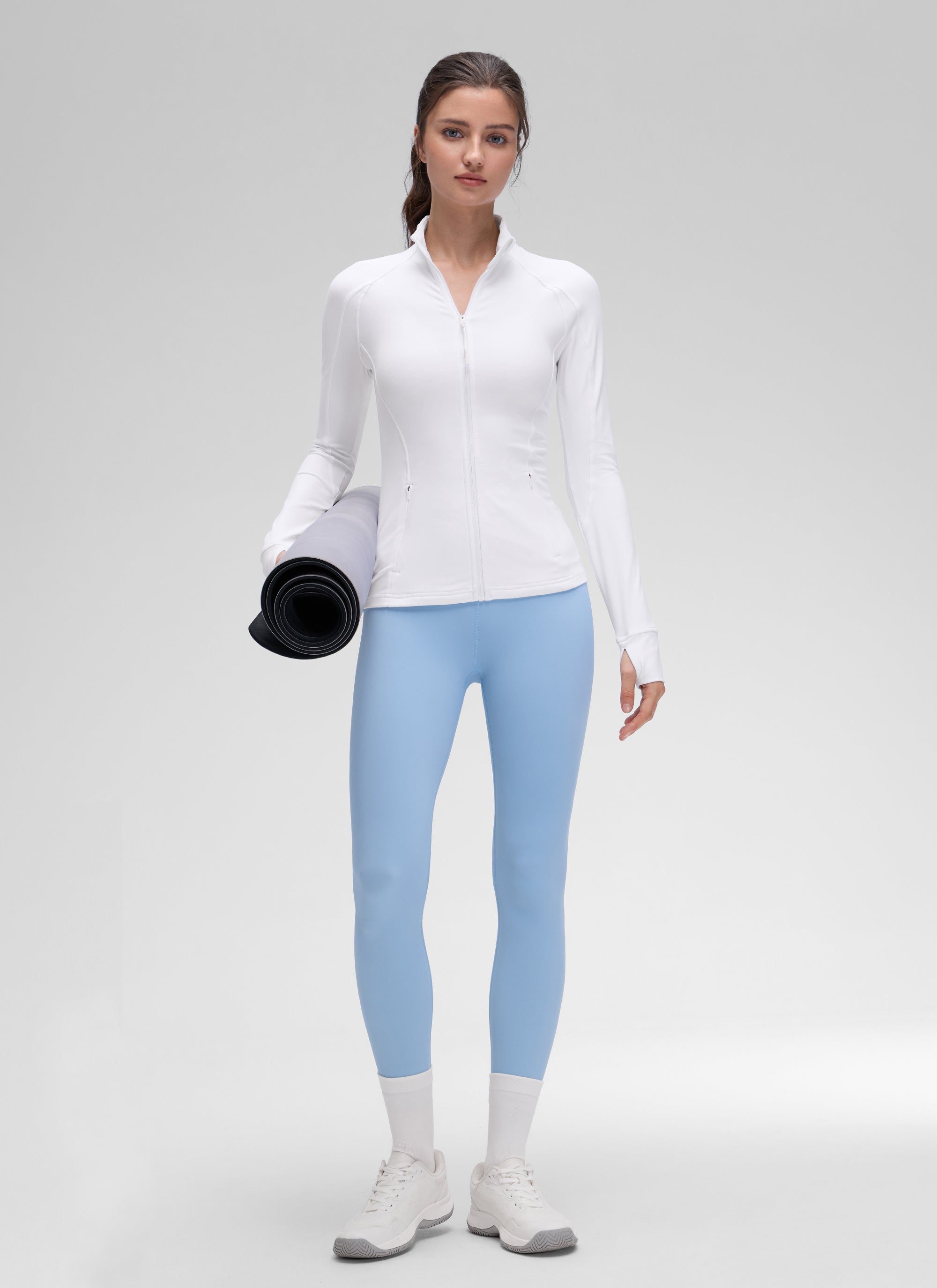 CRZ YOGA Hauts de Yoga Slim Fit pour Femme Butterluxe Zip Intégral Manches Longues Blanc