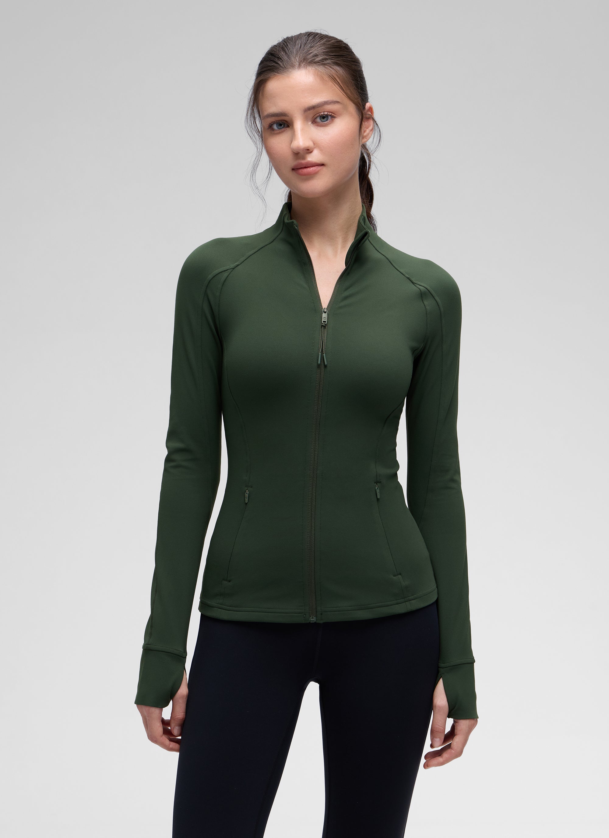 CRZ YOGA Hauts de Yoga Slim Fit pour Femme Butterluxe Zip Intégral Manches Longues Vert Légende