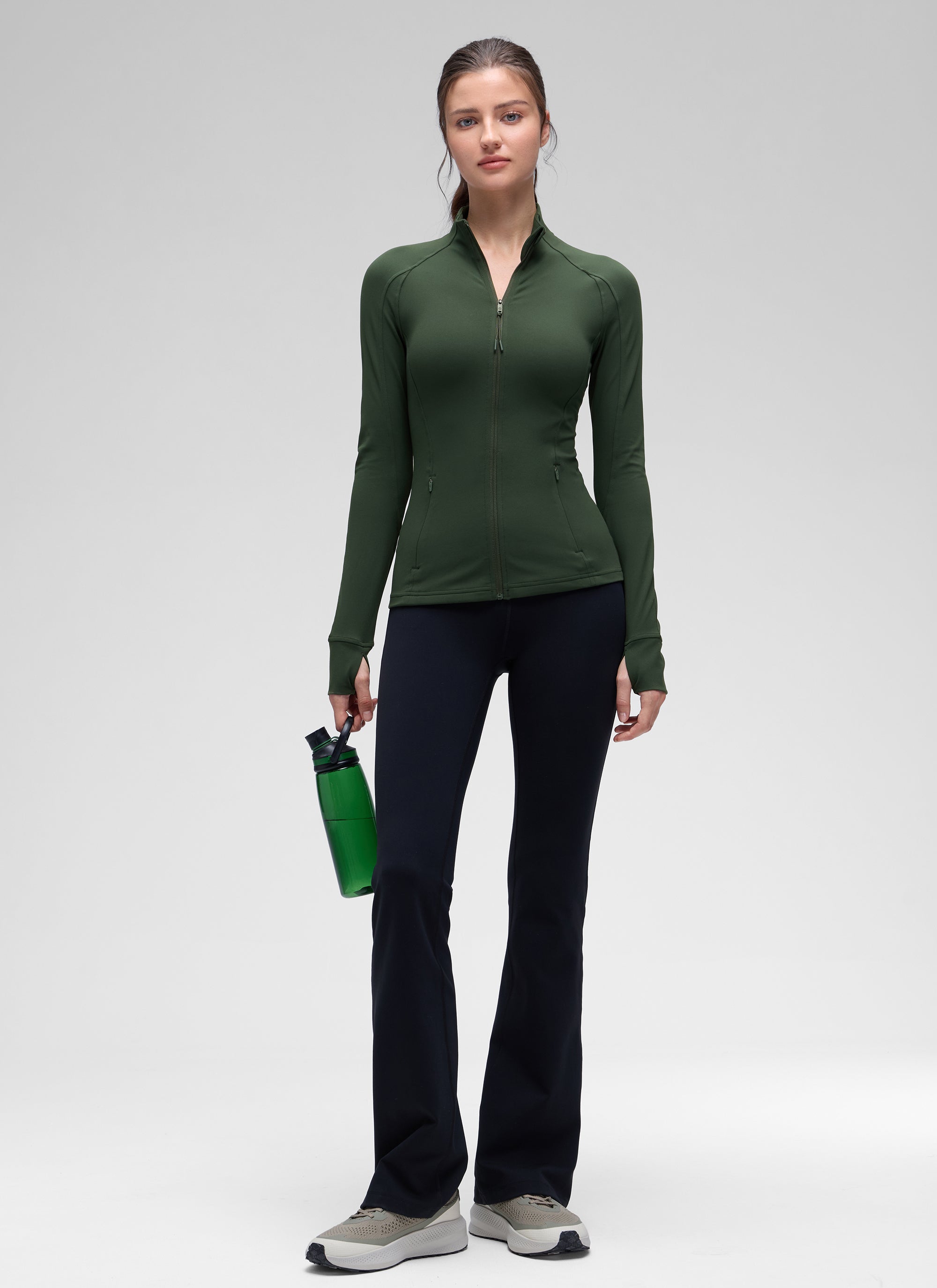 CRZ YOGA Hauts de Yoga Slim Fit pour Femme Butterluxe Zip Intégral Manches Longues Vert Légende