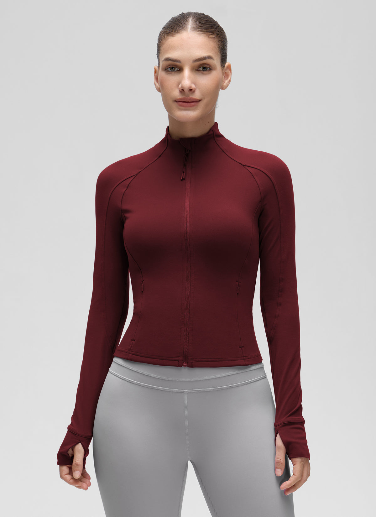 CRZ YOGA Women's Butterluxe Cropped Pocket Outerwear Full Zip Jackets Red Merlot