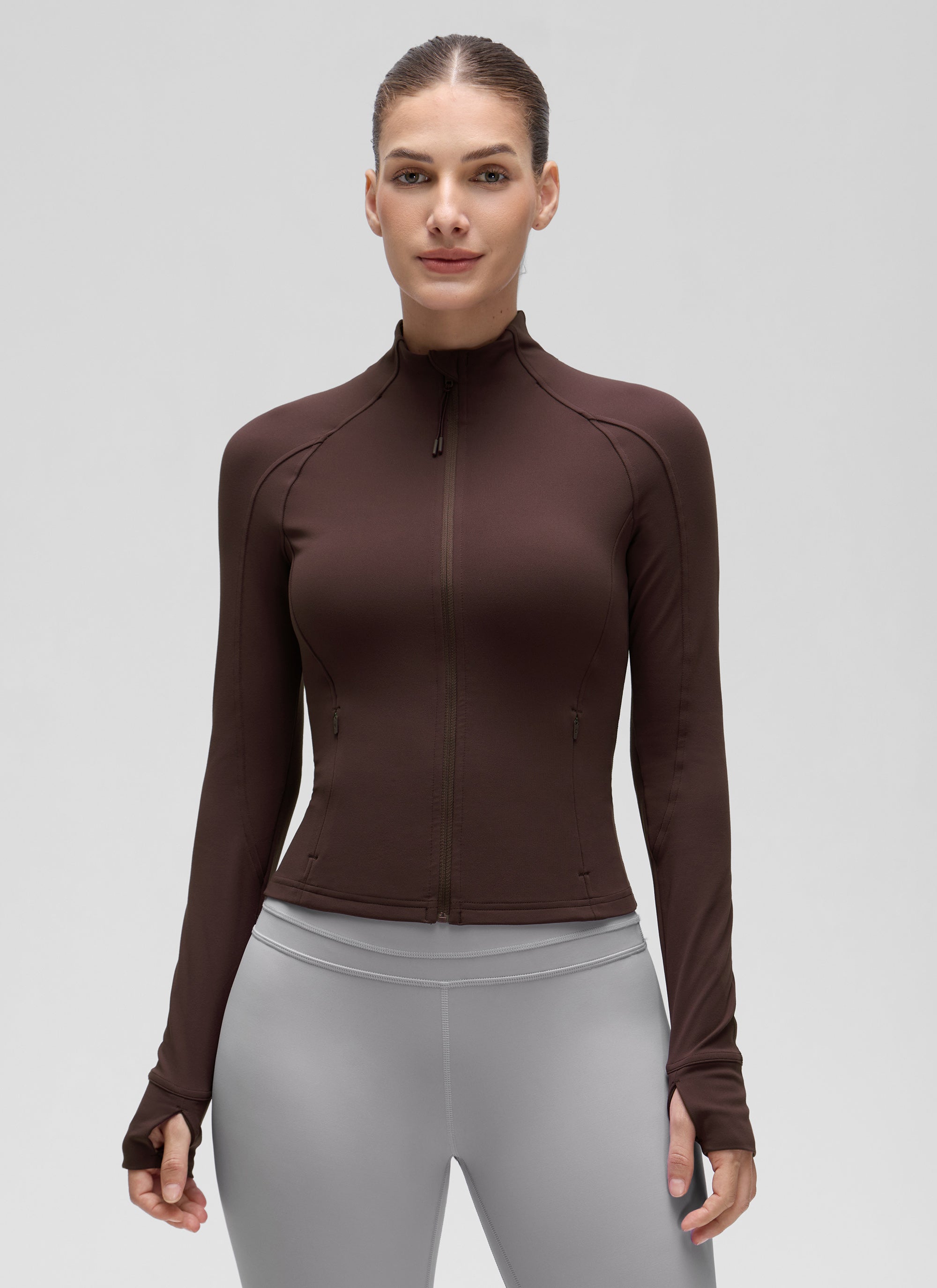 CRZ YOGA Women's Butterluxe Cropped Pocket Outerwear Full Zip Jackets Hot Fudge Brown