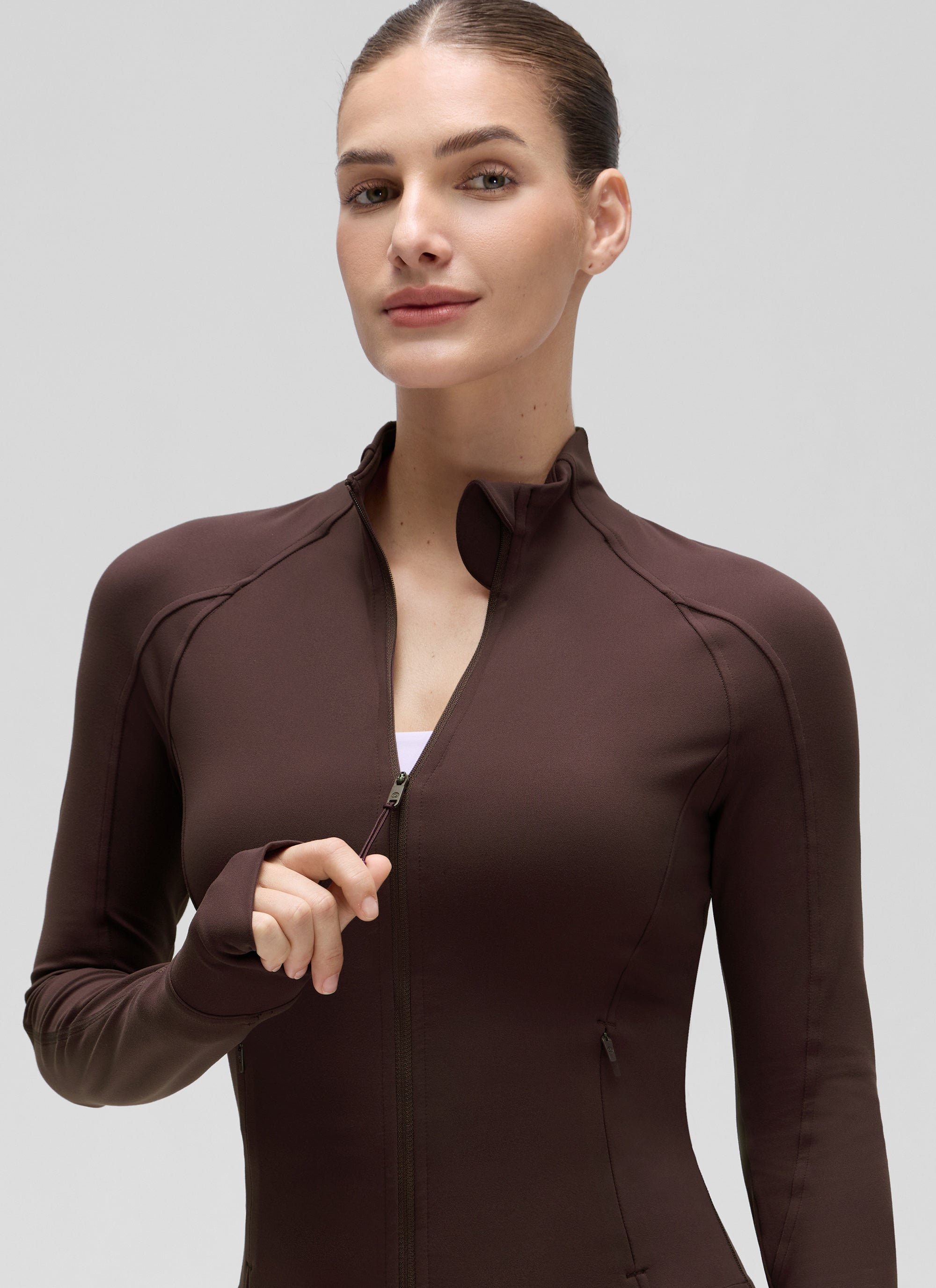 CRZ YOGA Women's Butterluxe Cropped Pocket Outerwear Full Zip Jackets Hot Fudge Brown