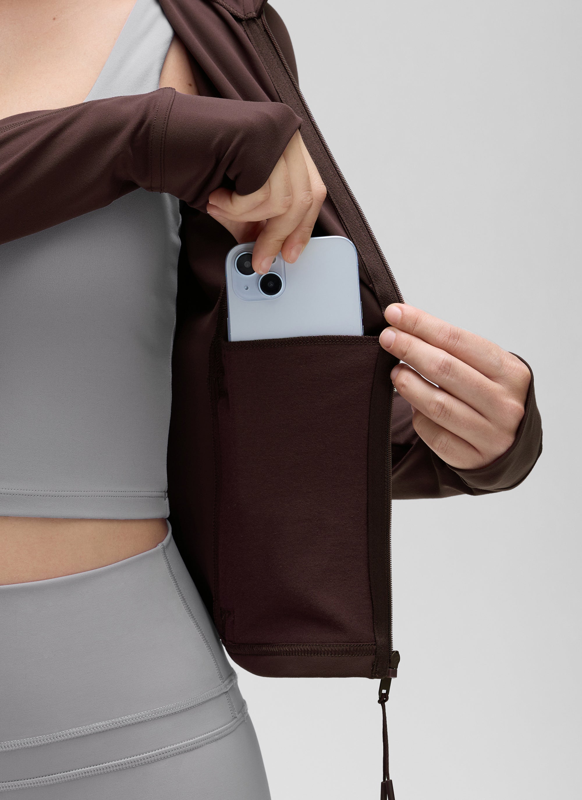 CRZ YOGA Women's Butterluxe Cropped Pocket Outerwear Full Zip Jackets Hot Fudge Brown